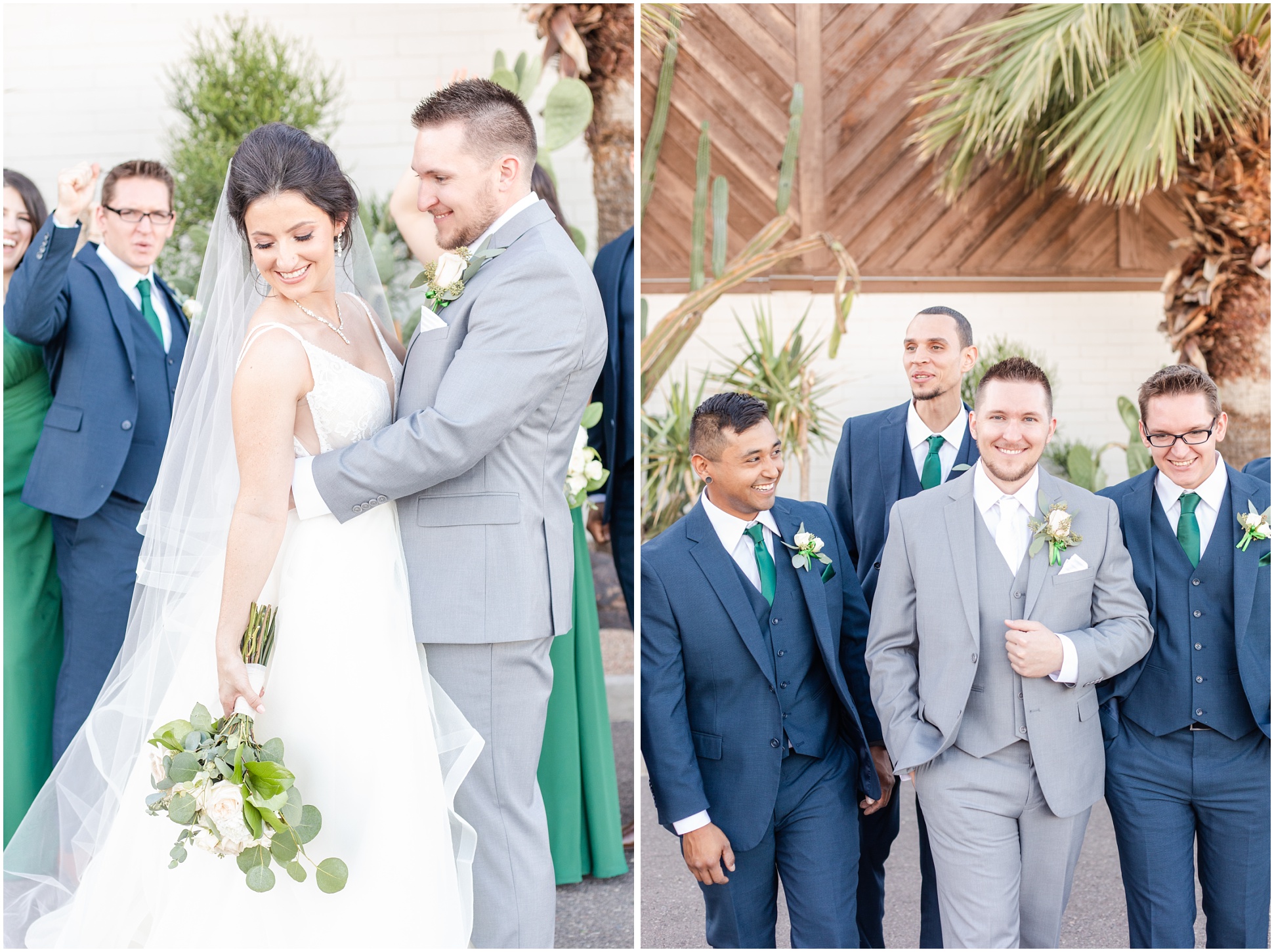 Groom holding Bride's waist with bridesmaids and groomsmen in background, Group photo of Groom and groomsmen 