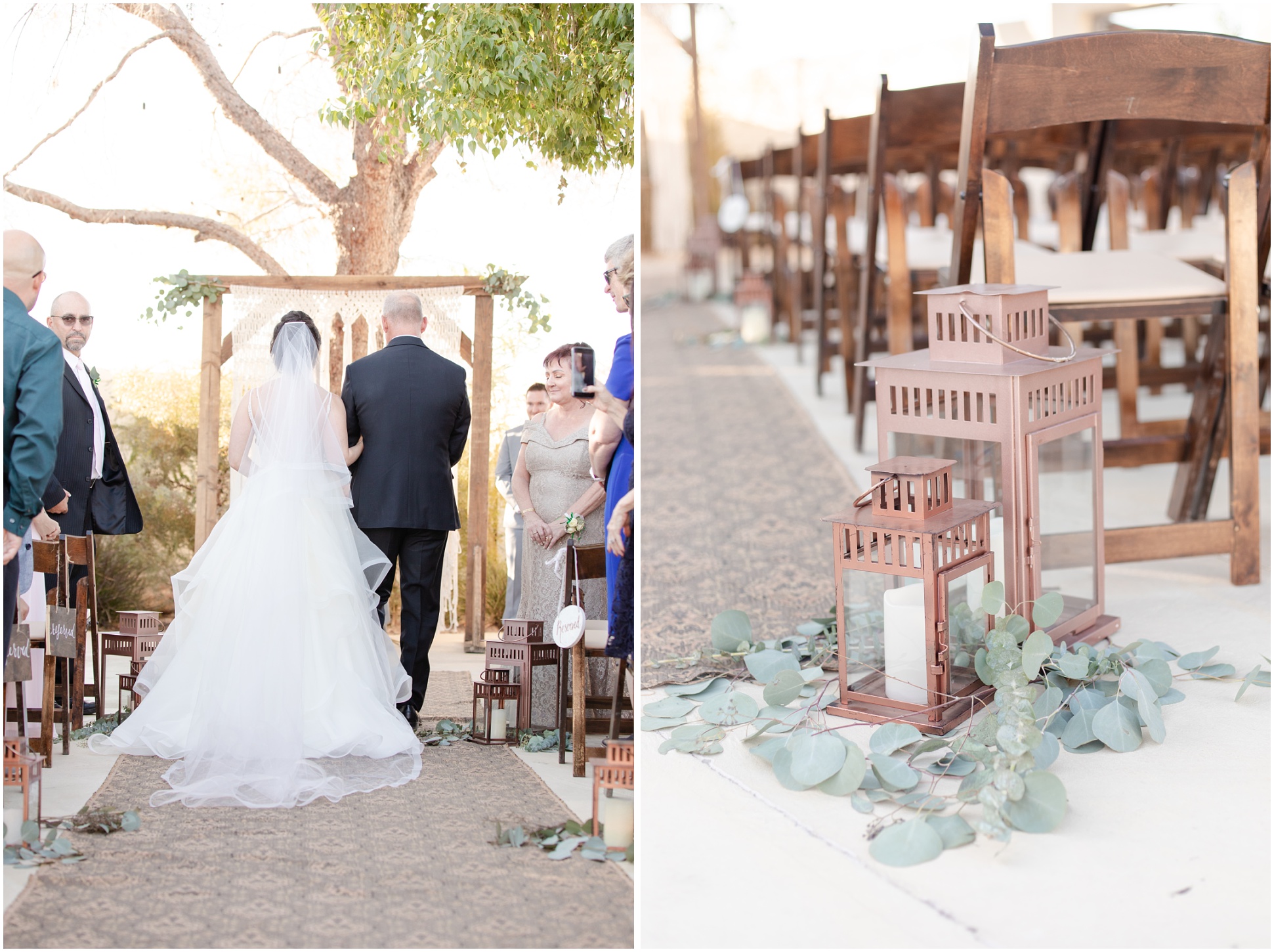 Bride being walked down aisle by dad, Rustic candle lamps with silver dollar plant on the floor