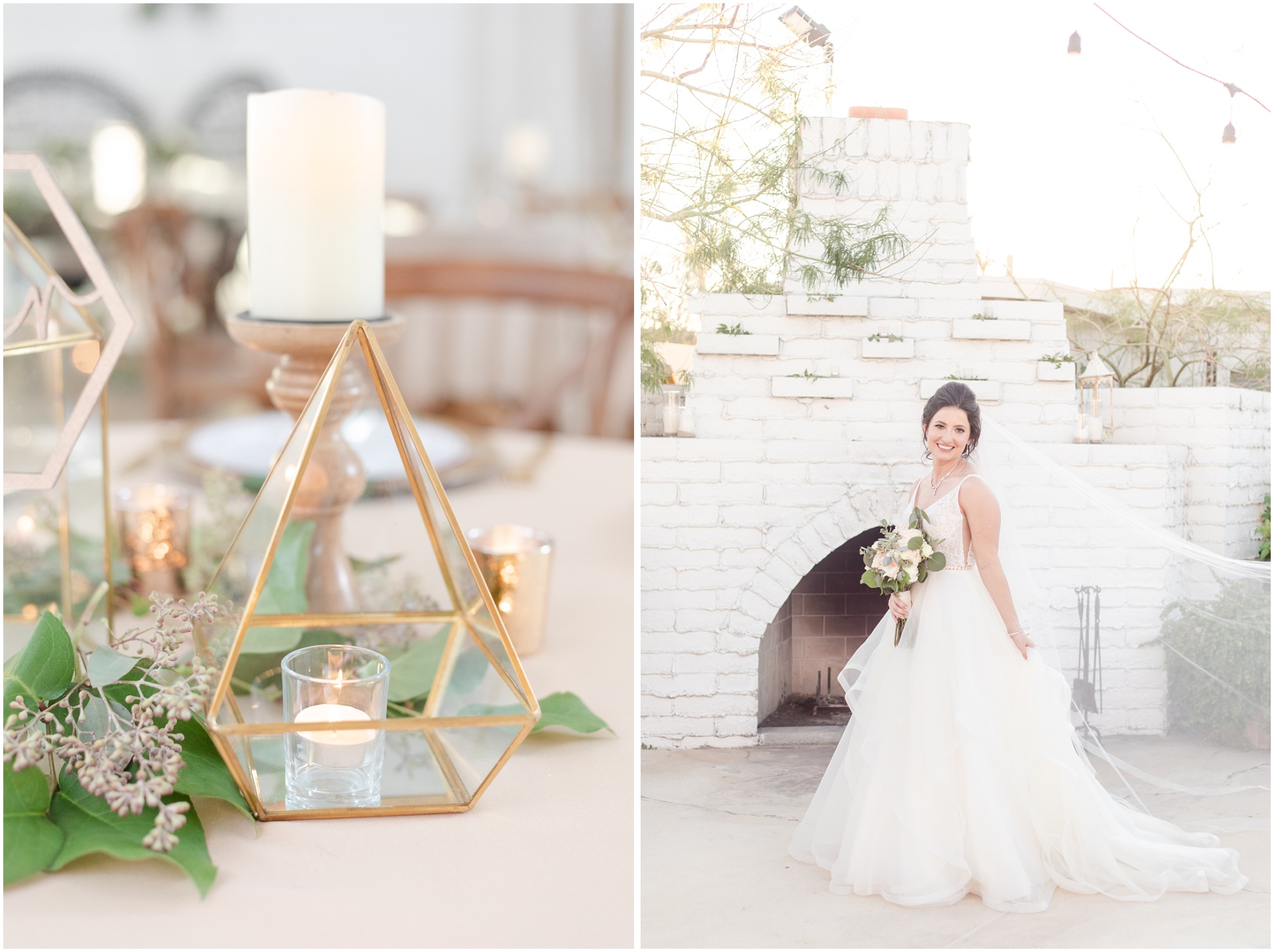 geometric table piece with candle in it, Bride smiling at camera with vail lifted up behind her