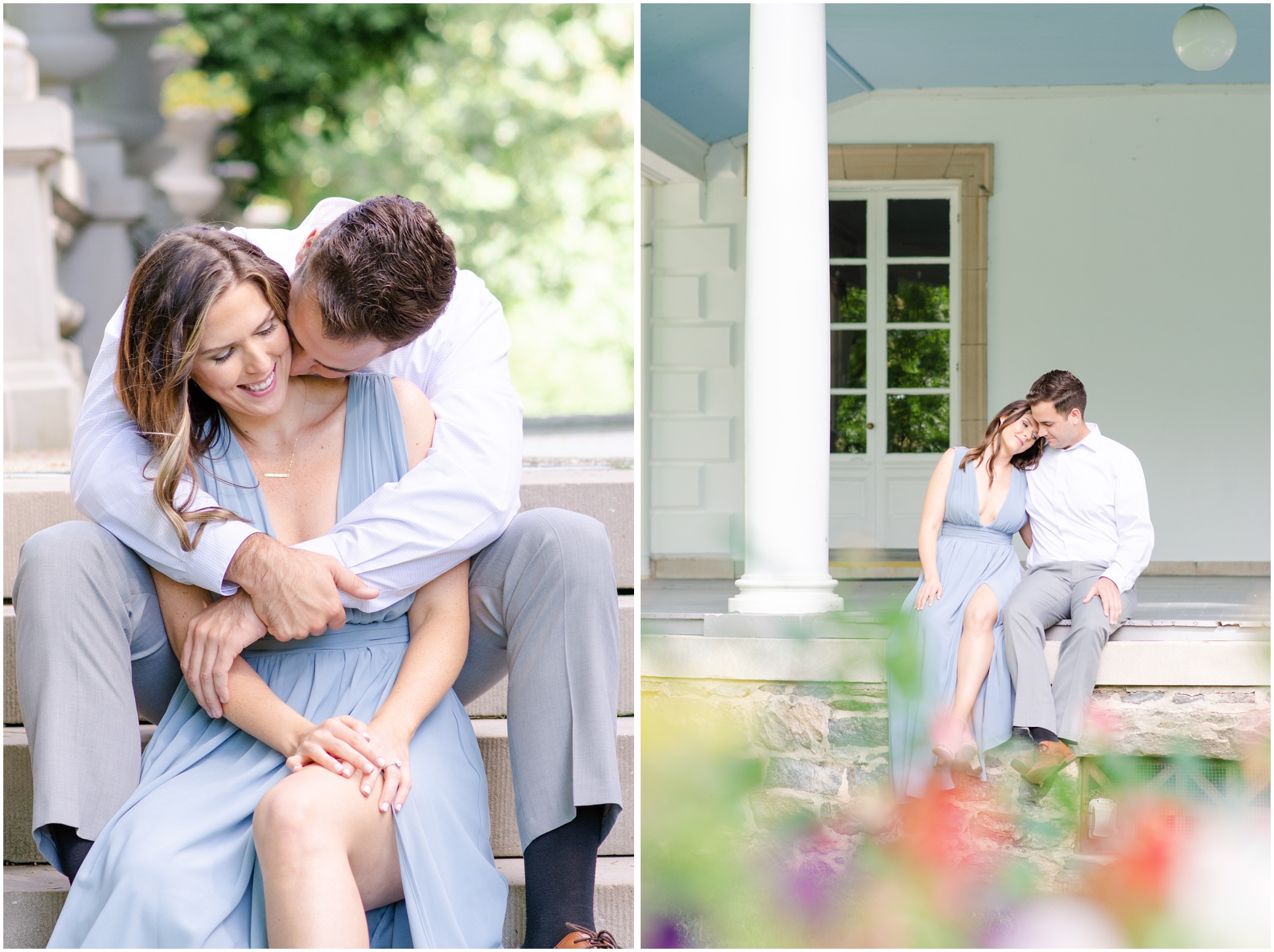 Male fiance hugging female fiance from behind while sitting on stairs; Engaged couple nuzzling heads while sitting on ledge