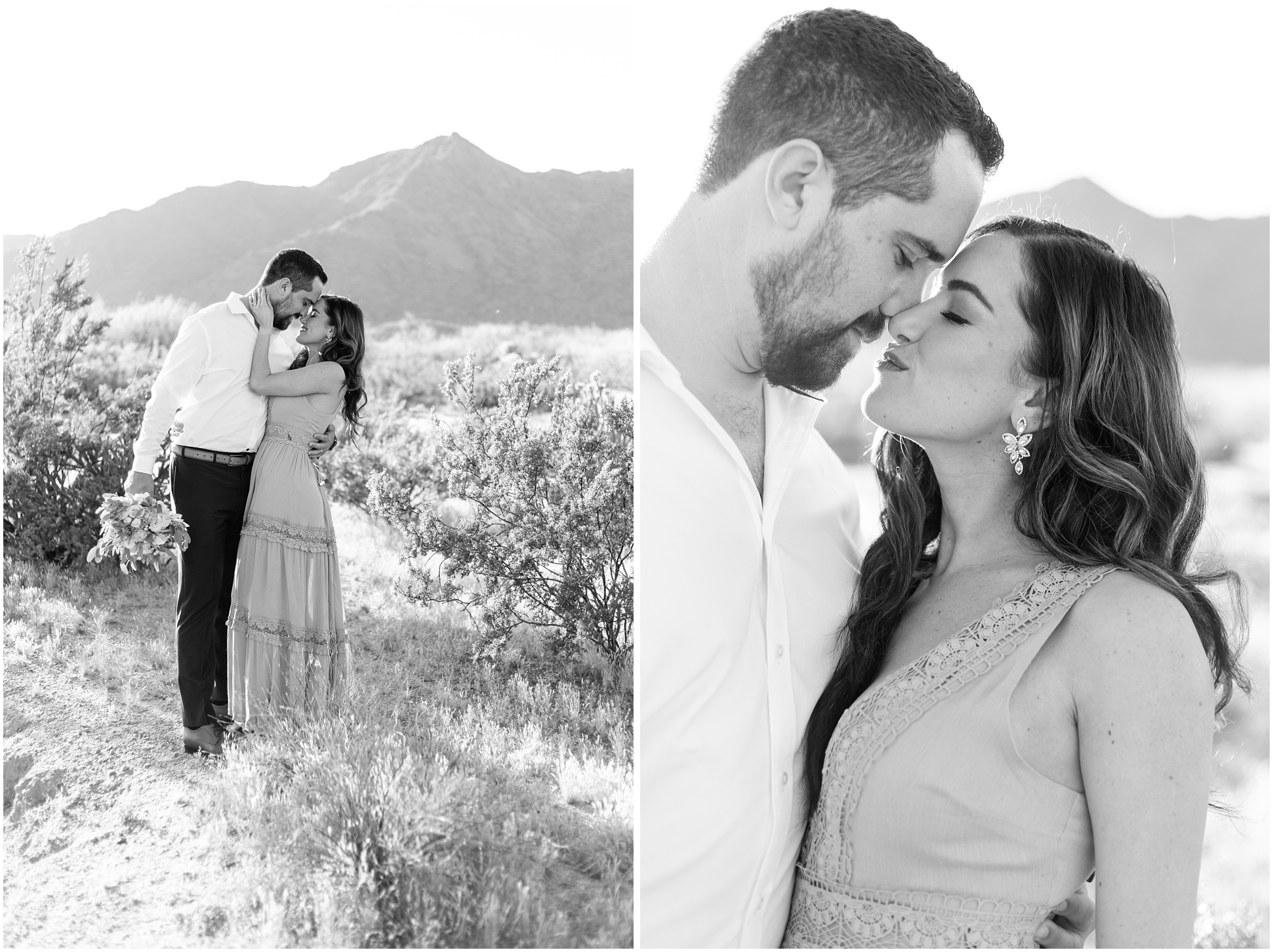 Anniversary photo shoot of couple touching noses; black and white photo of couple about to kiss