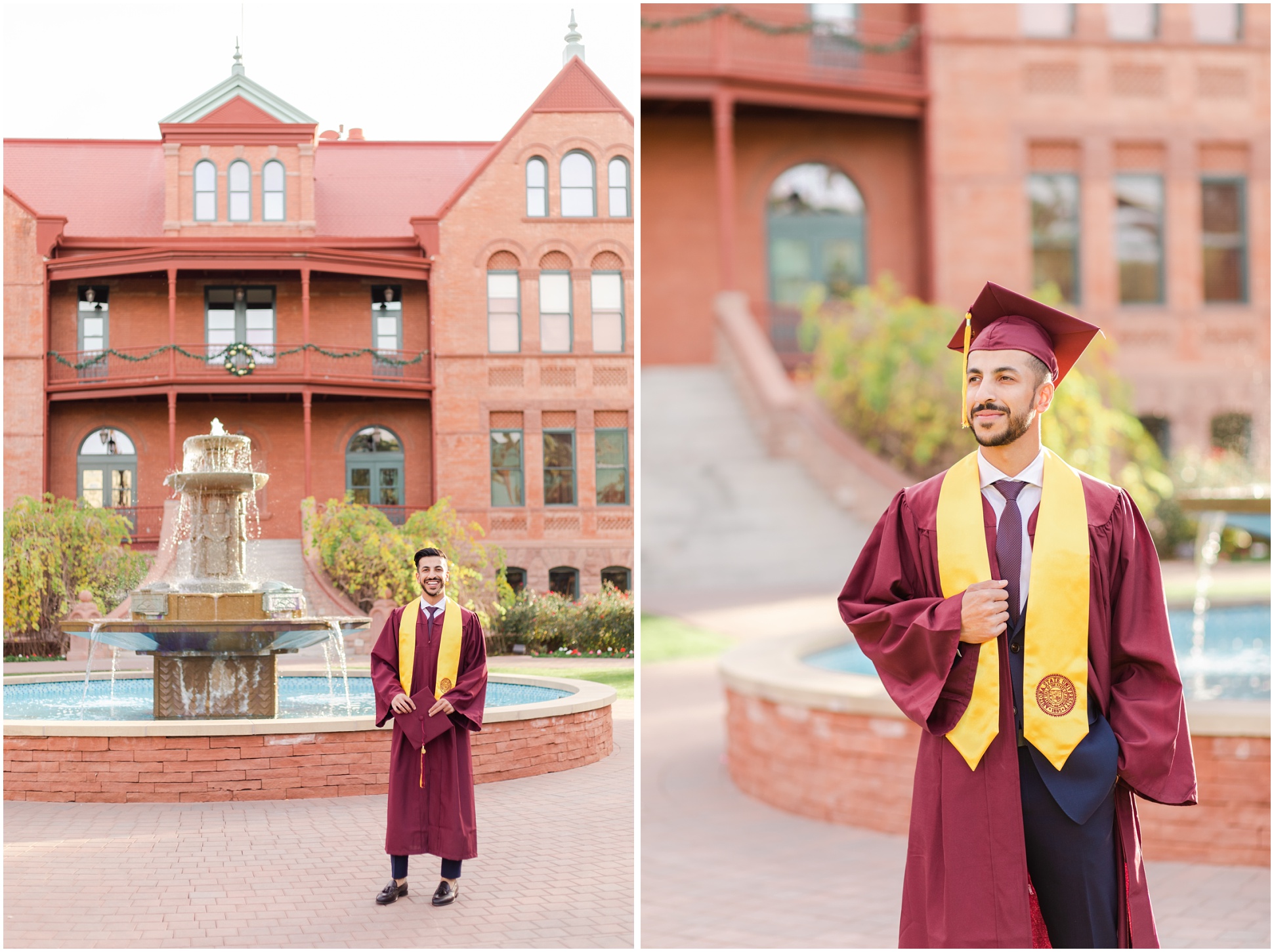 ASU graduate holding cap in front of red water fountain; ASU graduate holding academic stole in graduation attire