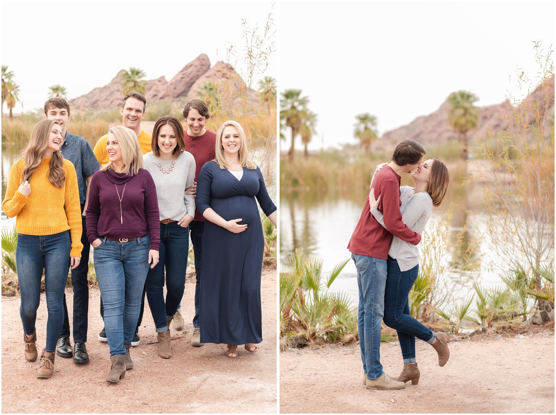 Family walking towards camera at Popago Park; couple kissing in front of lake at Popago Park