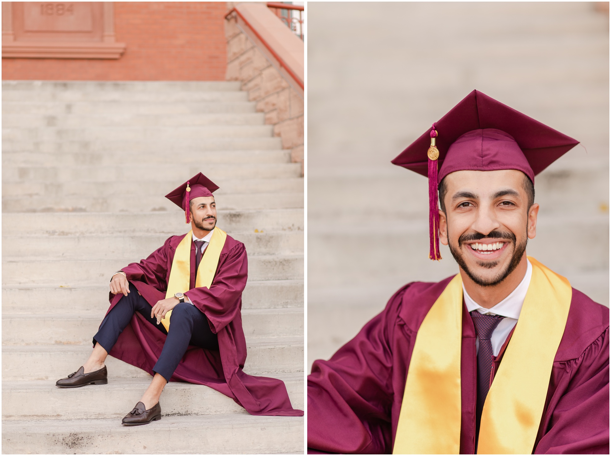 ASU graduate casually sitting on stairs; ASU student sitting on stairs while smiling at the camera in graduation attire