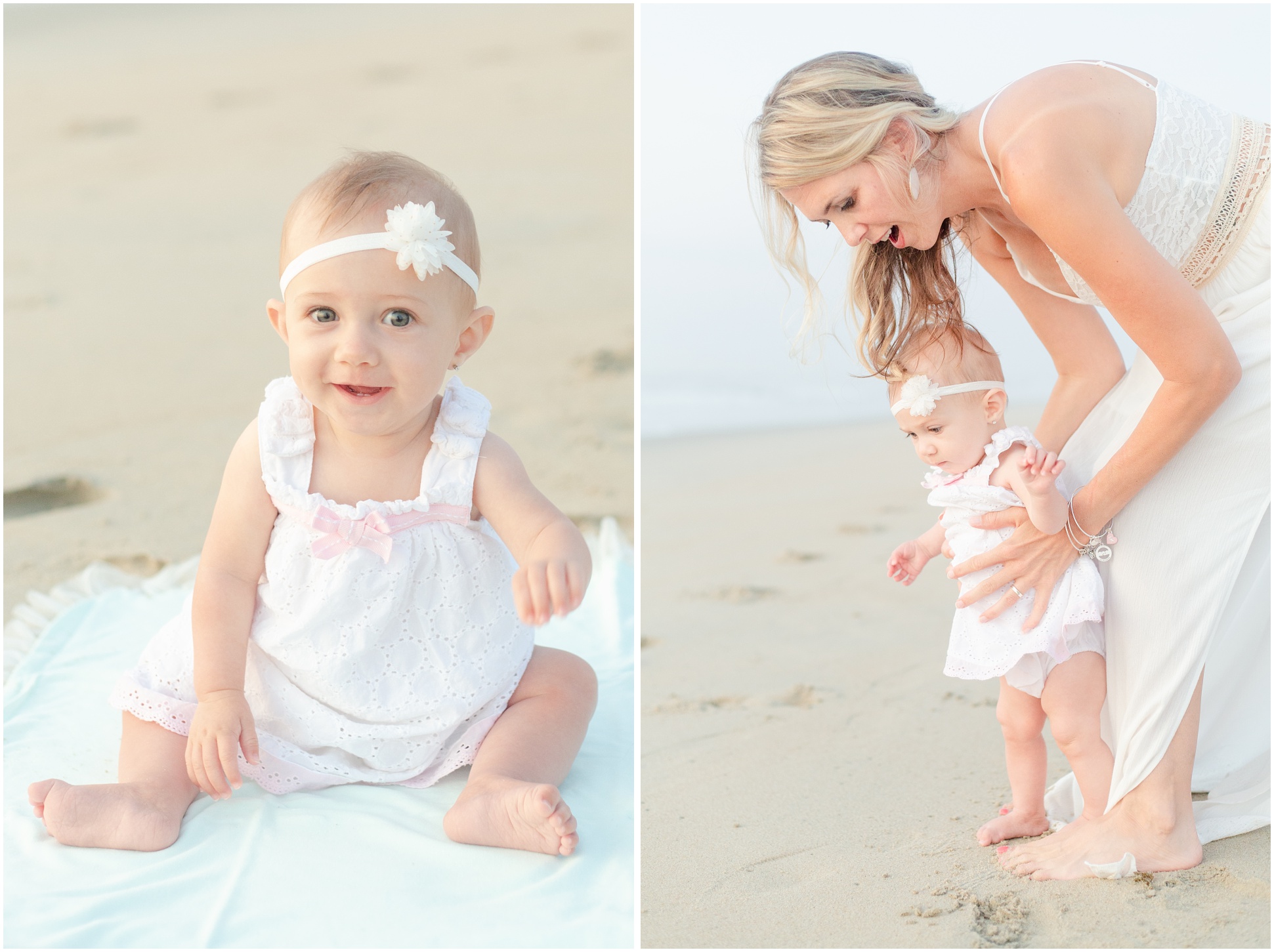 baby sitting on blanket at the beach while smiling at camera; mom helping baby walk on the beach