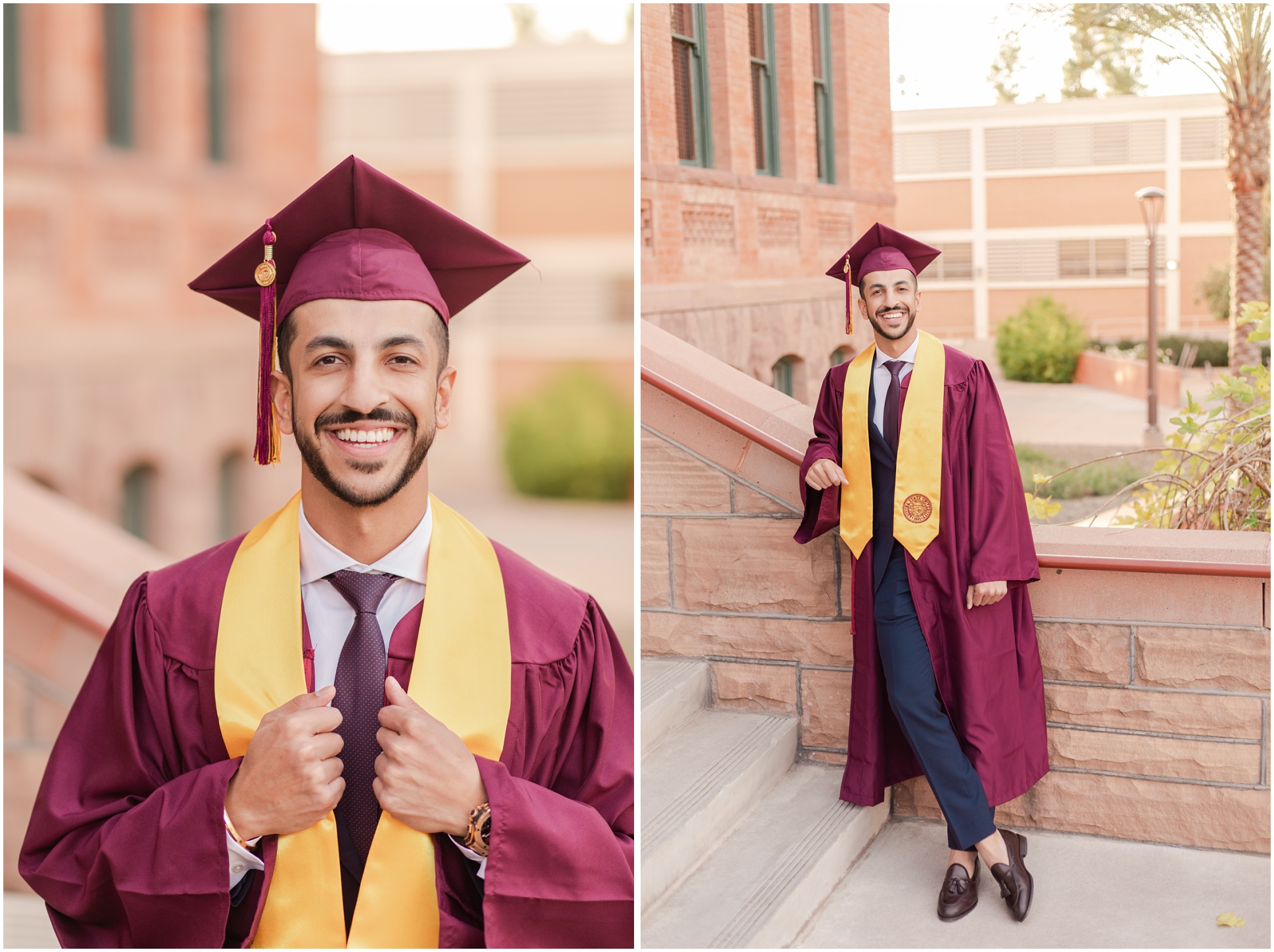 ASU graduate holding academic stole on staircase; ASU student leaning on staircase railing in graduation attire