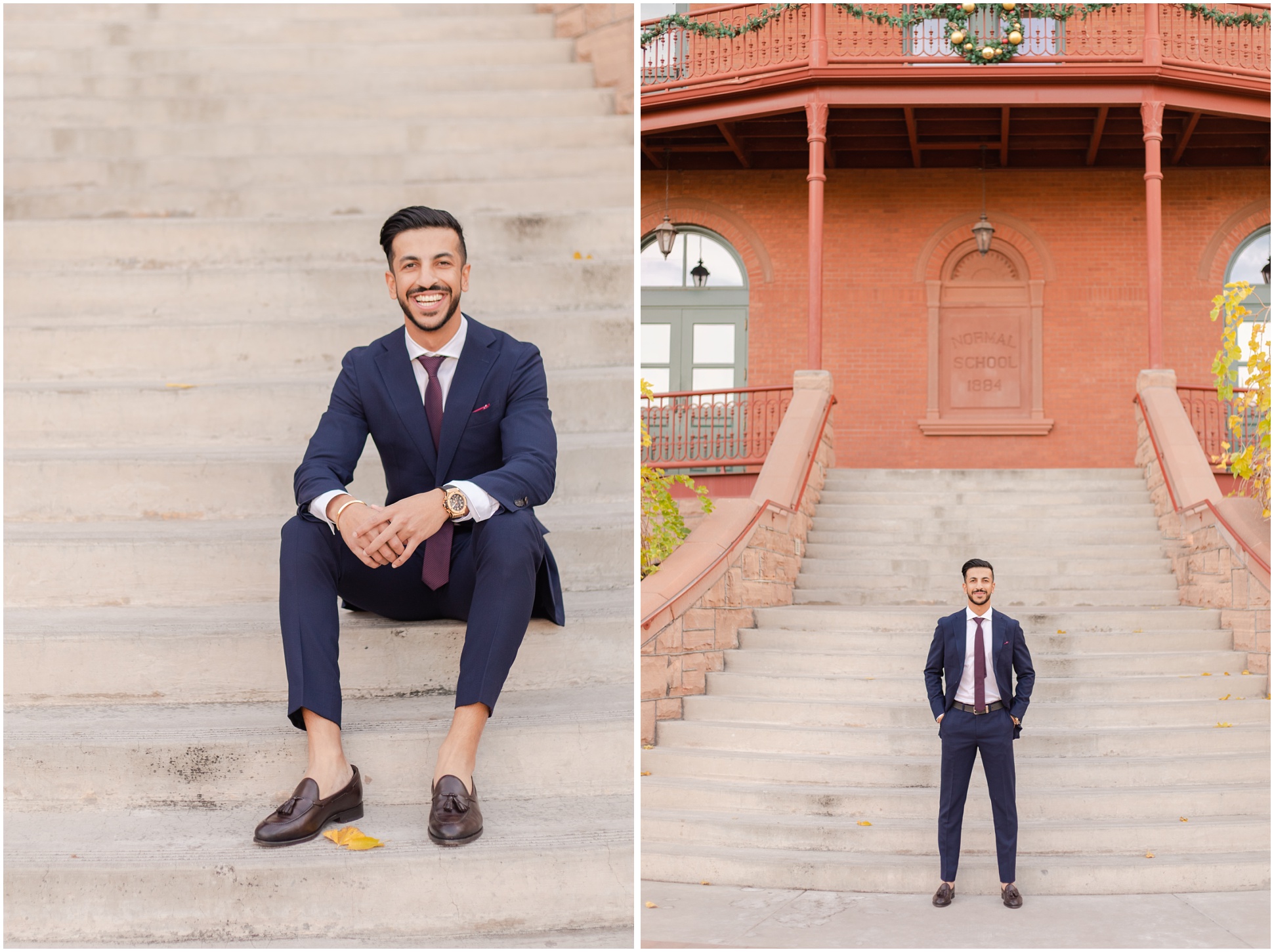 ASU graduate sitting on stairs and smiling at camera; ASU graduate standing in front of stairs connected to big red building