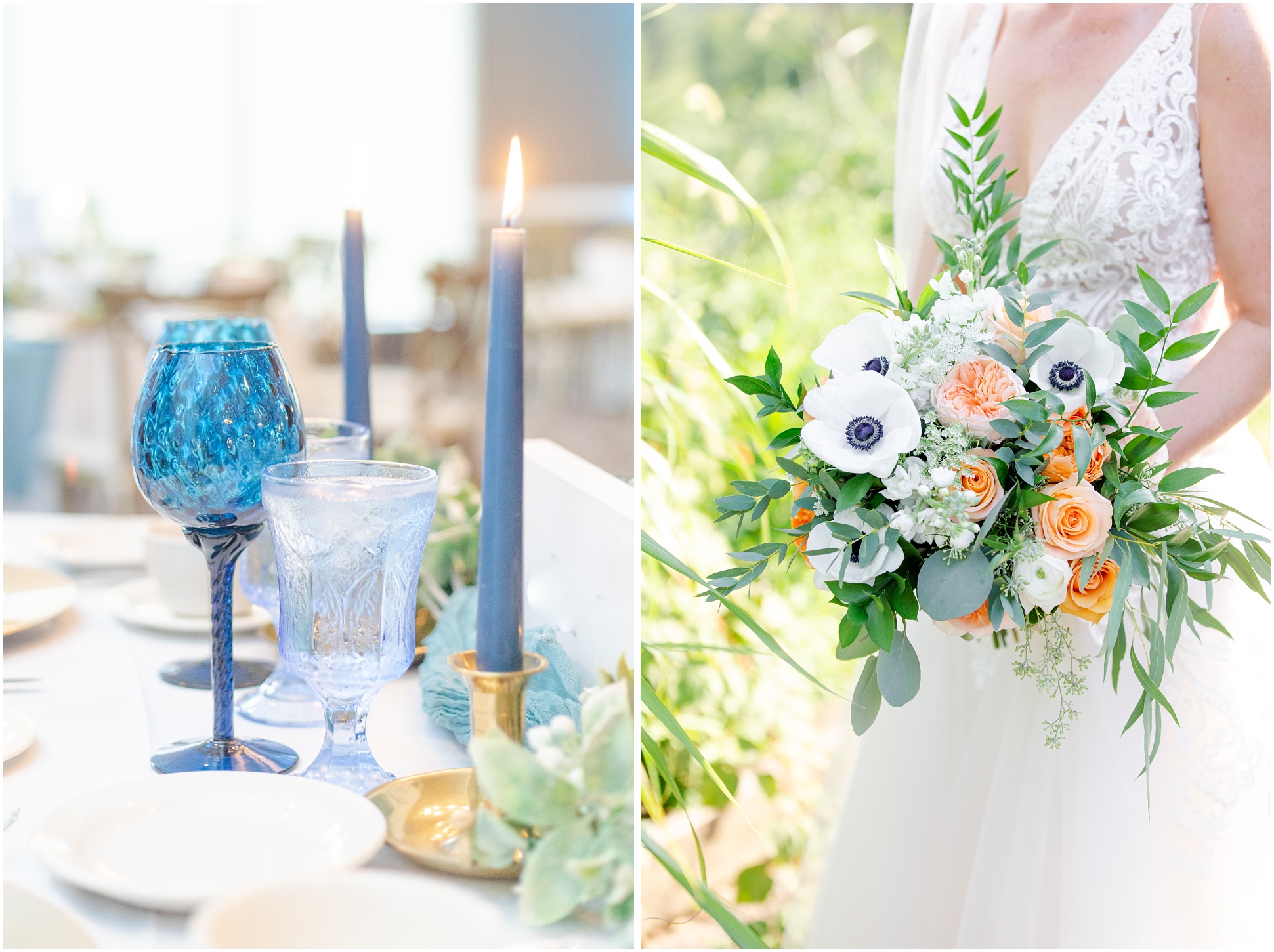grey blue candle centerpiece with crystal blue wine glasses; bride holding white, light pink, orange and green bouquet