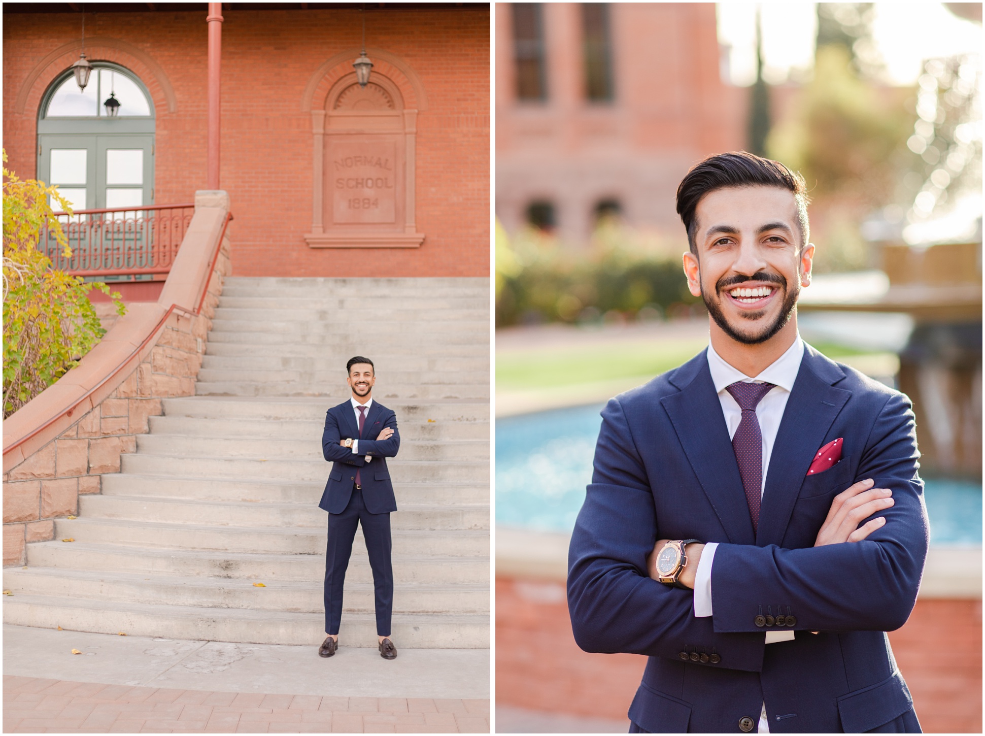Male college student crossing his arms in front of big staircase; ASU graduate crossing arms in front of water fountain and smiling at camera