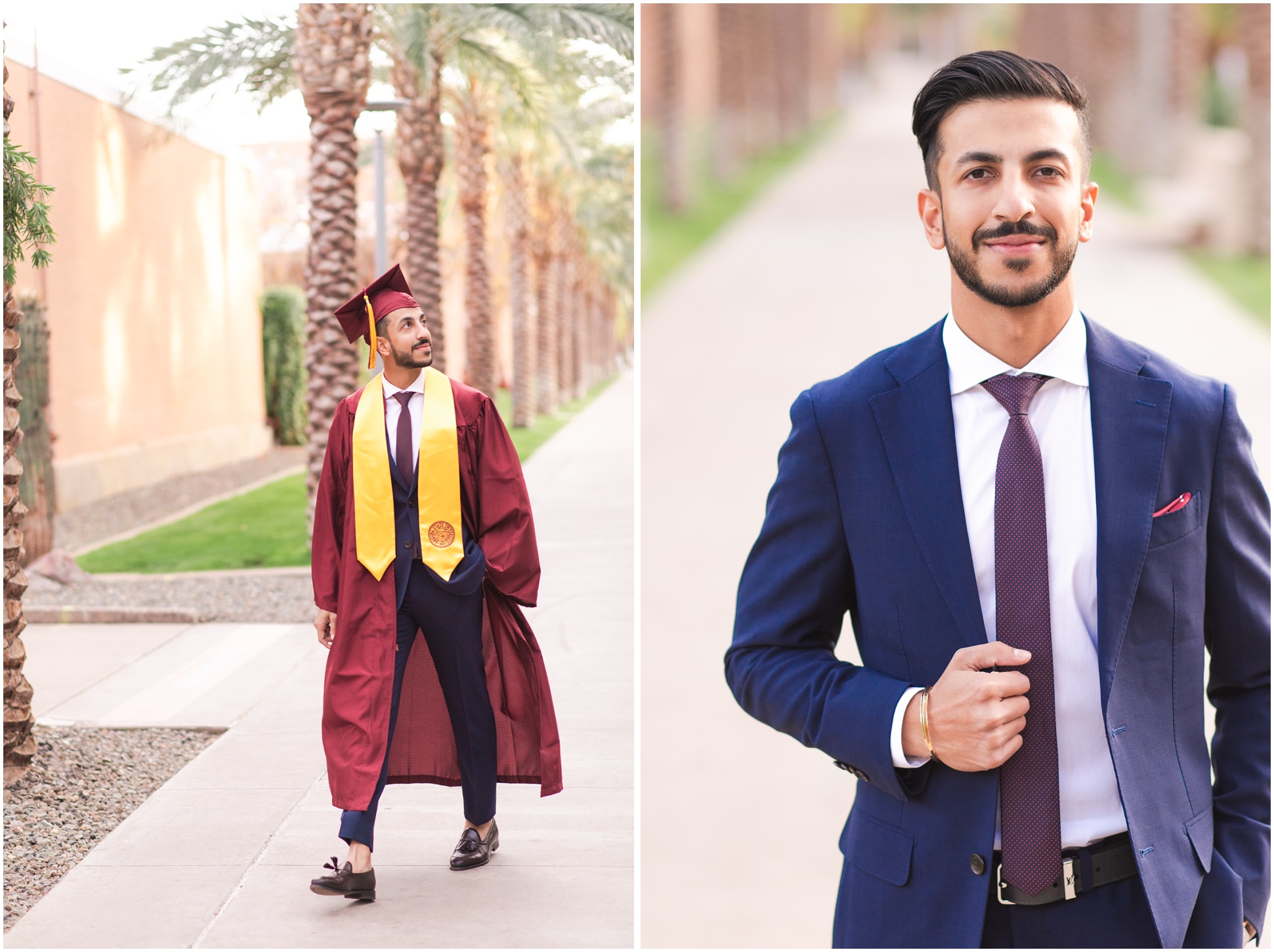 ASU College graduate in cap and gown walking down sidewalk lined with palm trees on both sides; College graduate holding suit jacket and looking at camera