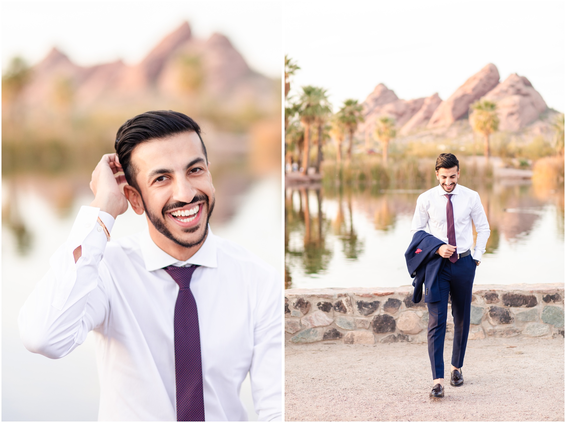 male college student brushing hair while smiling at camera; ASU graduate looking at ground while walking towards camera