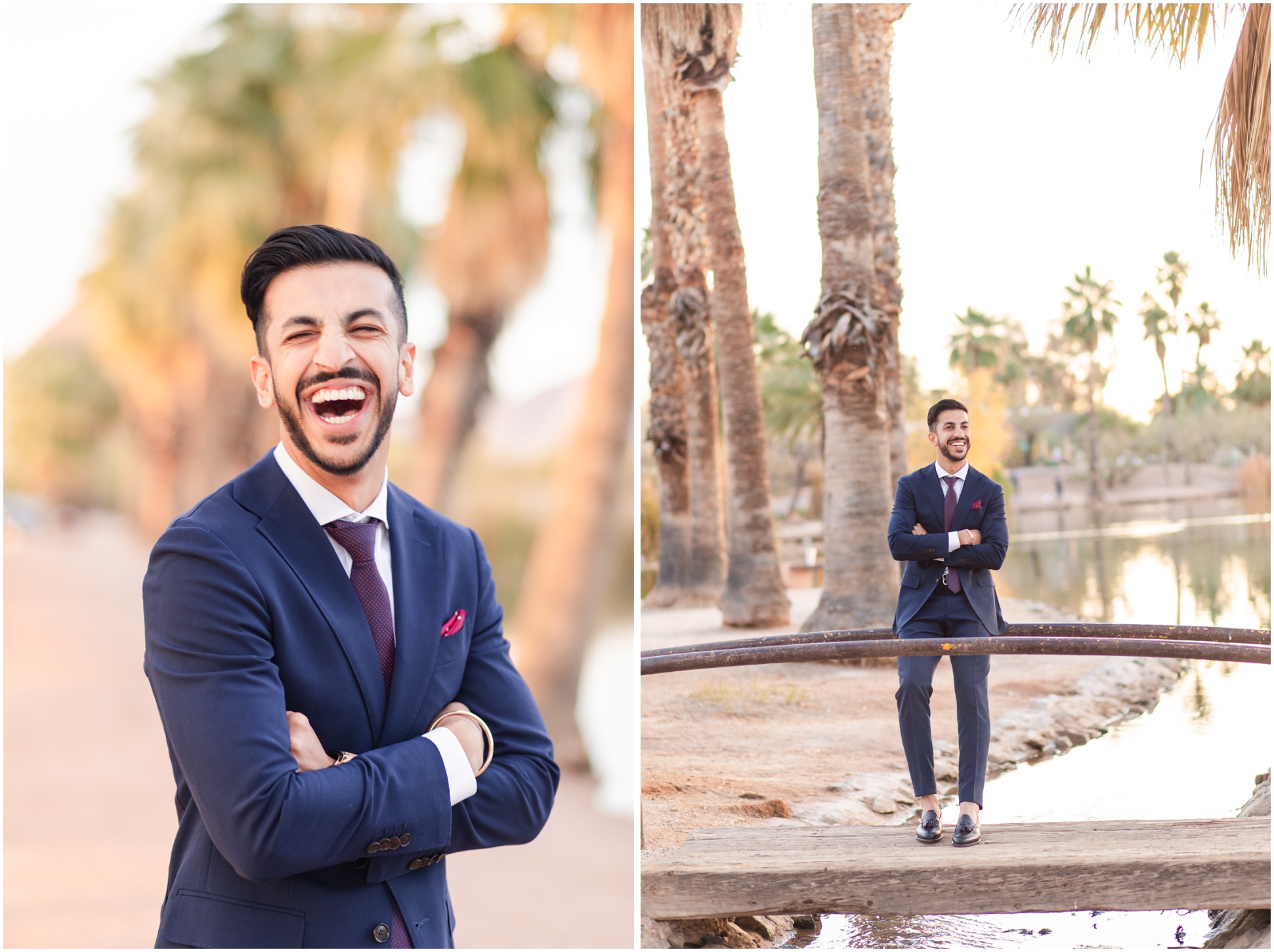 College student crossing his arms and smiling at camera in navy blue tux; College student leaning against bridge at Popago Park