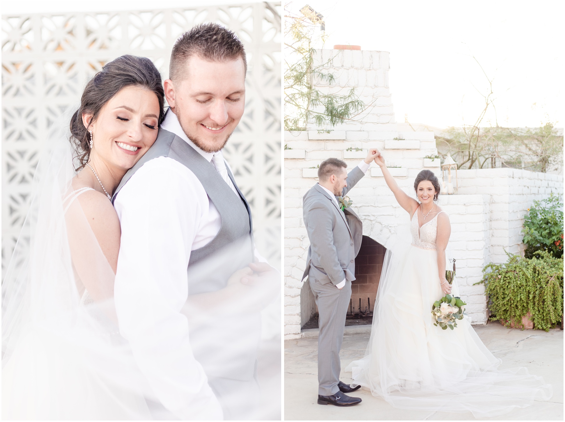 bride snuggling groom from behind while both smile; groom twirling bride while holding bouquet