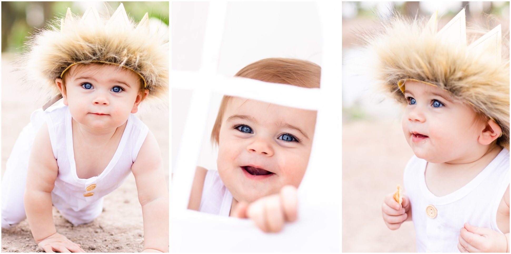 baby wearing fluffy brown crown while crawling at camera; baby peeping through white window with big blue eyes; baby wearing big fluffy crown looking off in the distance