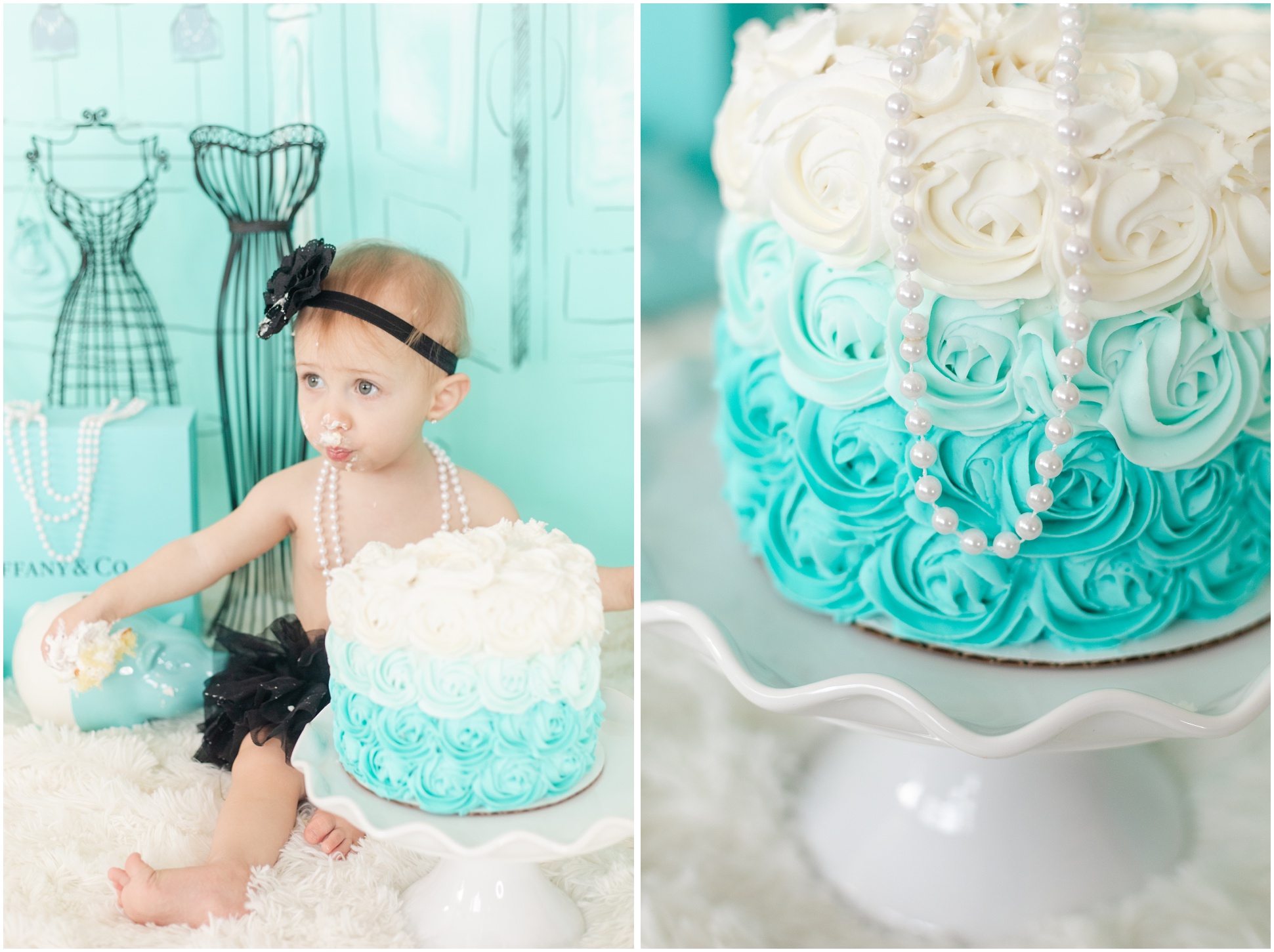 Lily enjoying her Tiffany & Co themed first birthday cake; Ombre blue rose cake with white pearls draped on top