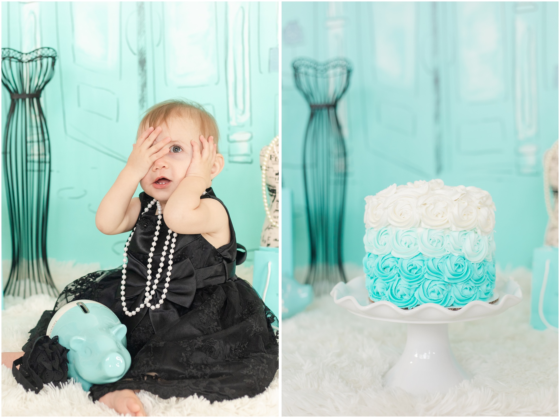 Baby having an uh oh face in black dress and pearl necklace; Ombre blue to white rose cake 