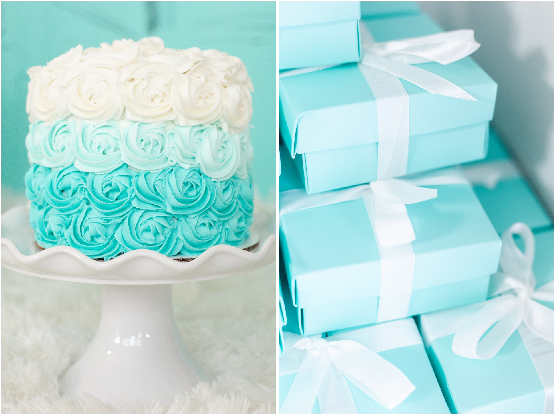 Cake with ombre blue and white roses; top view of Tiffany blue boxes with white ribbon tied in a bow