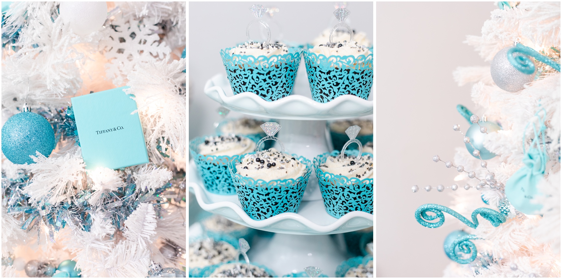 blue Tiffany & Co box against white Christmas tree; Chocolate cupcakes with Tiffany blue wrappers and clear decorative diamond rings; white Christmas tree with Tiffany blue decorations 