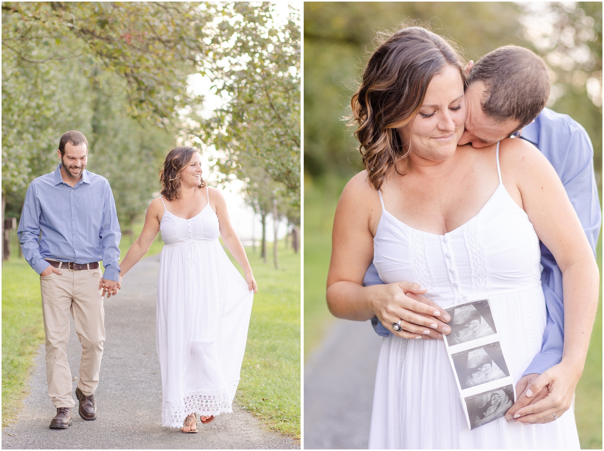 Couple strolling through park and giggling; couple holding up sonogram while husband kisses wife's neck from behind