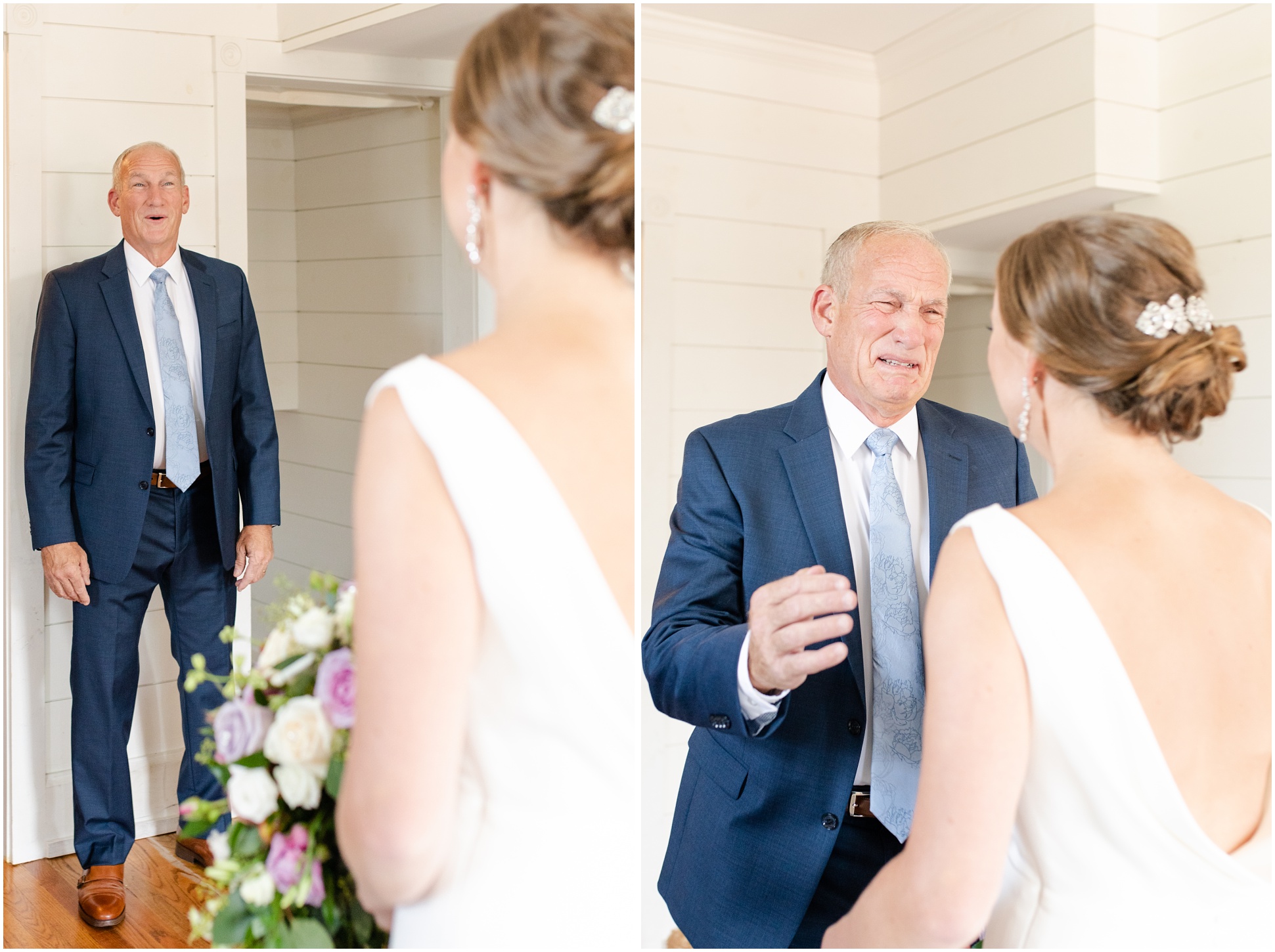 dad's reaction to first look of the bride; Dad crying when looking bride for the first time on wedding day