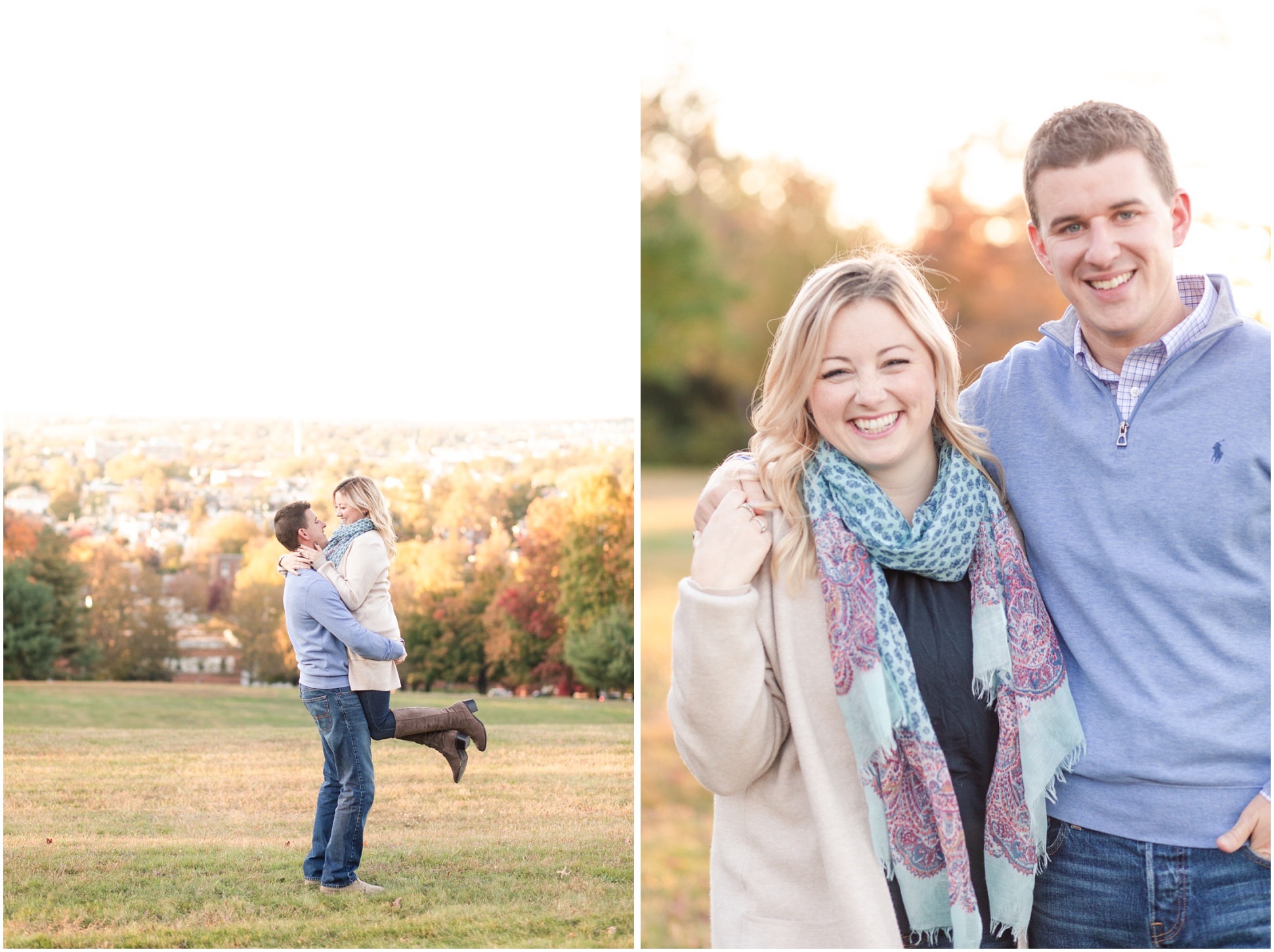 couple twirling in field; couple smiling at camera