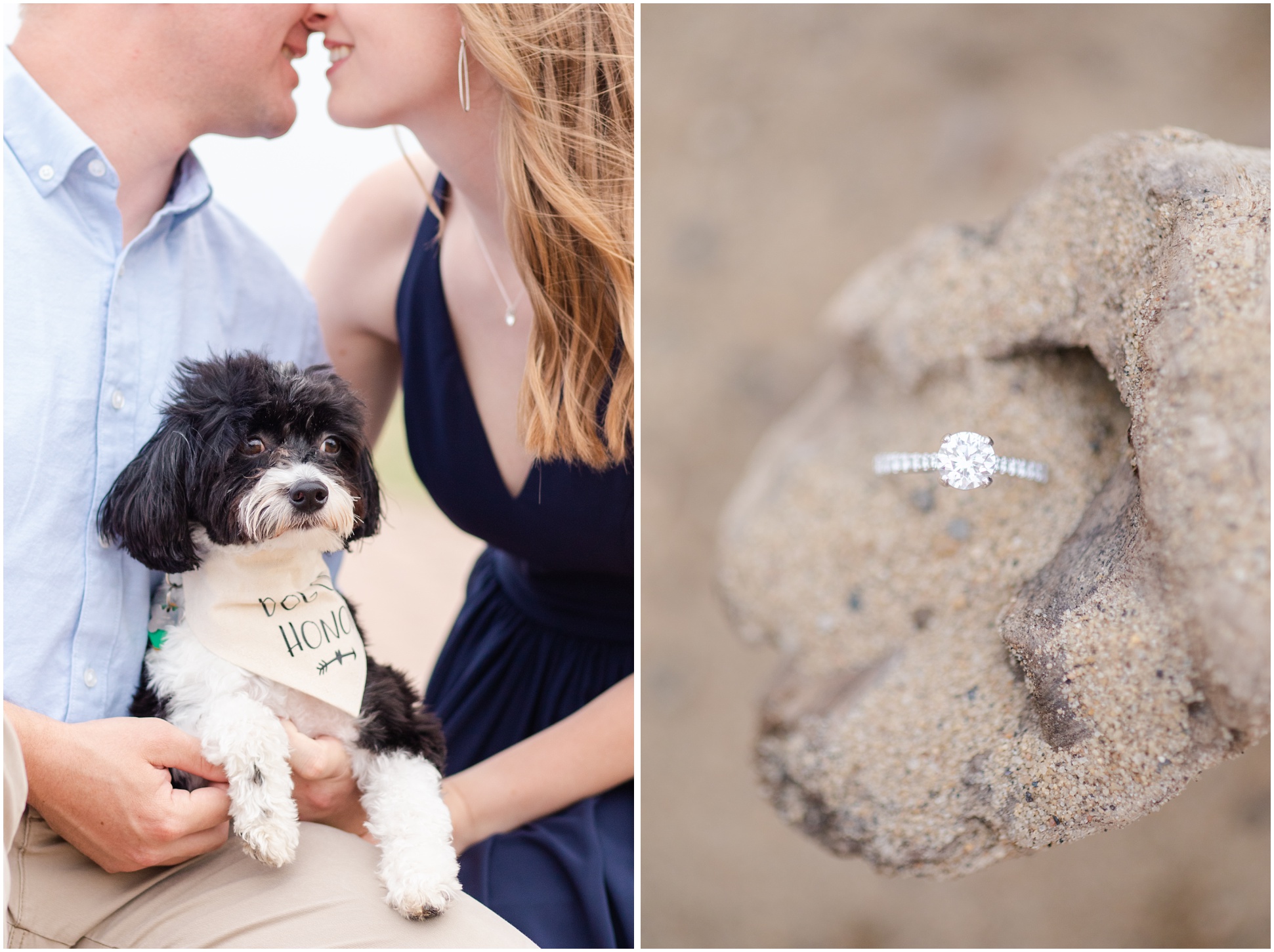 couple kissing with black and white dog sitting in between them; engagement ring sitting on rock