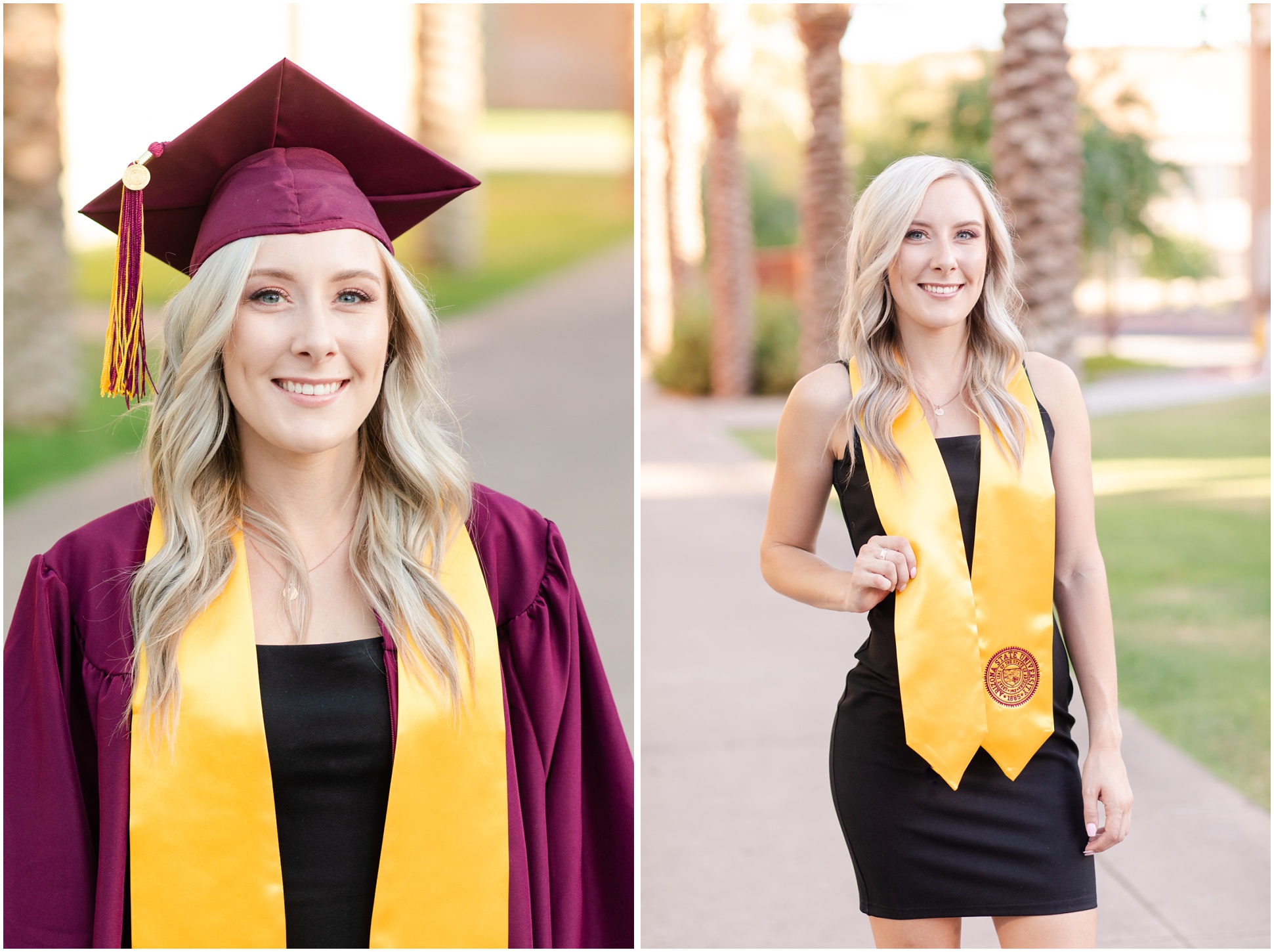 ASU graduate in graduation attire smiling at camera; college student in academic stole smiling at camera