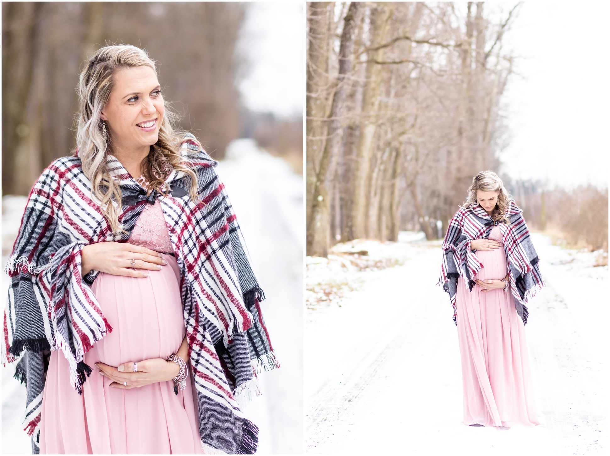 pregnant woman in light pink dress walking on snow covered road
