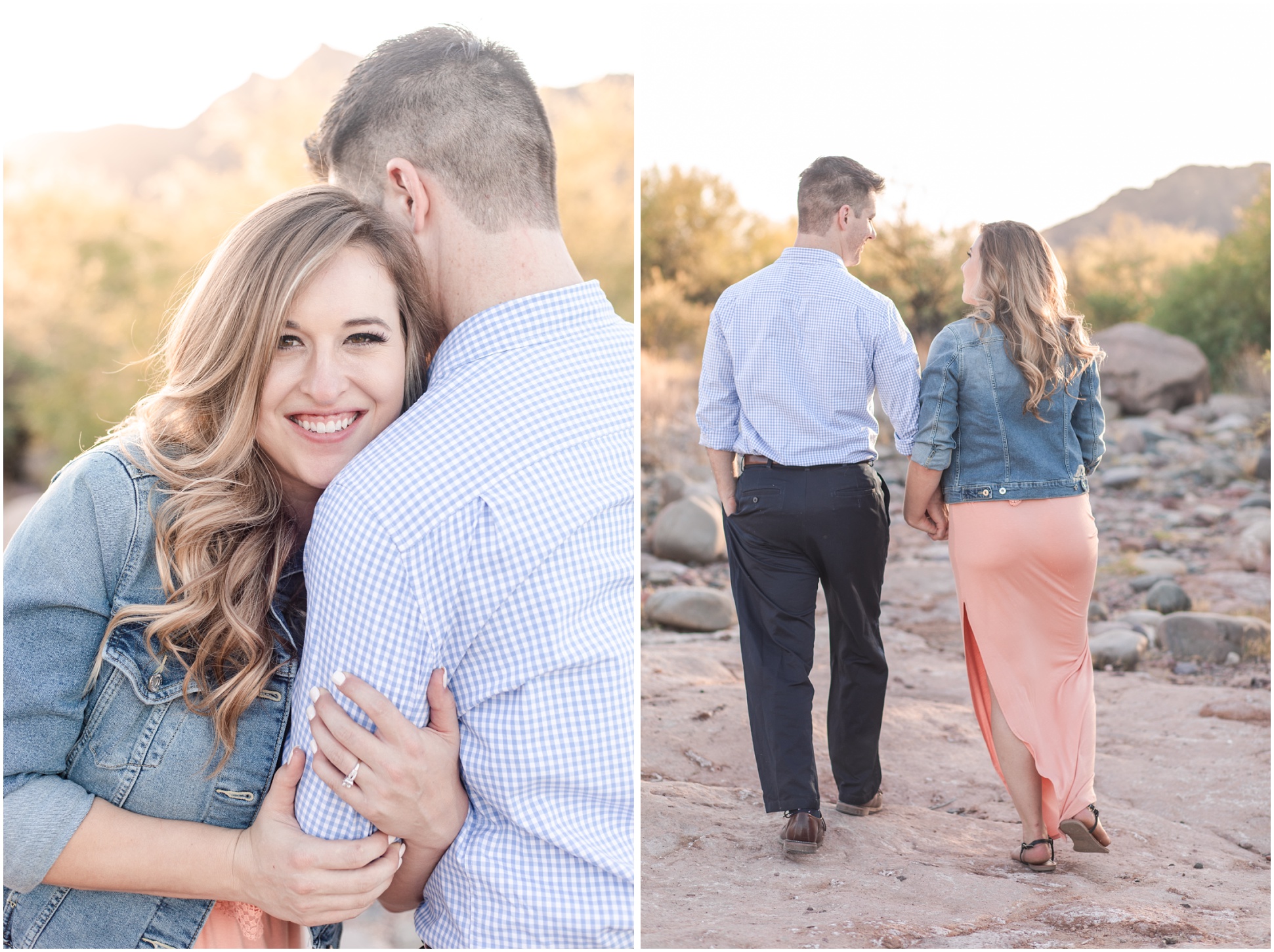 man looking away from camera while woman cuddles his arm and smiles at camera; couple walking away from the camera towards sunset