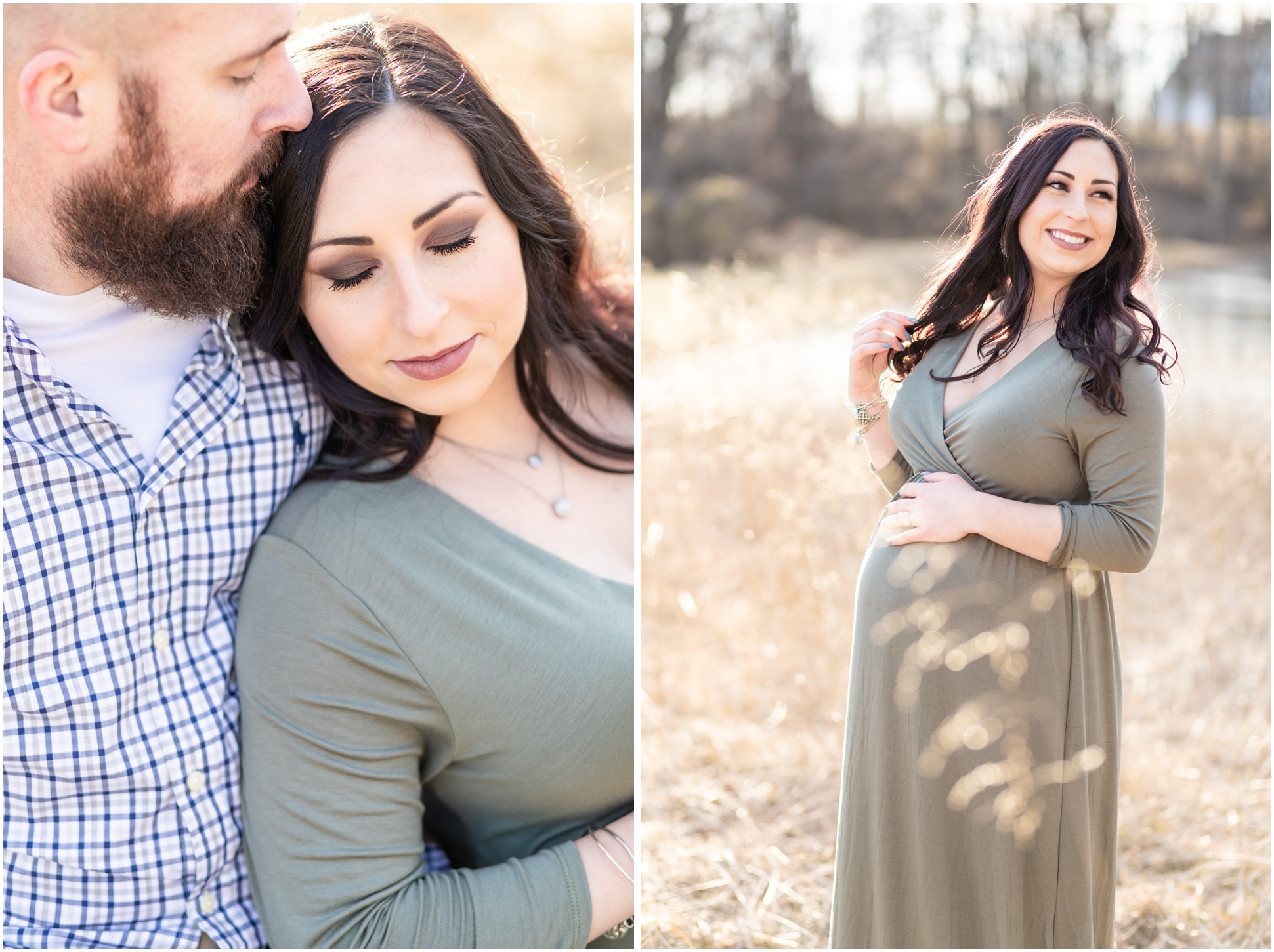 couple snuggling in wheat field, pregnant woman smiling in field 