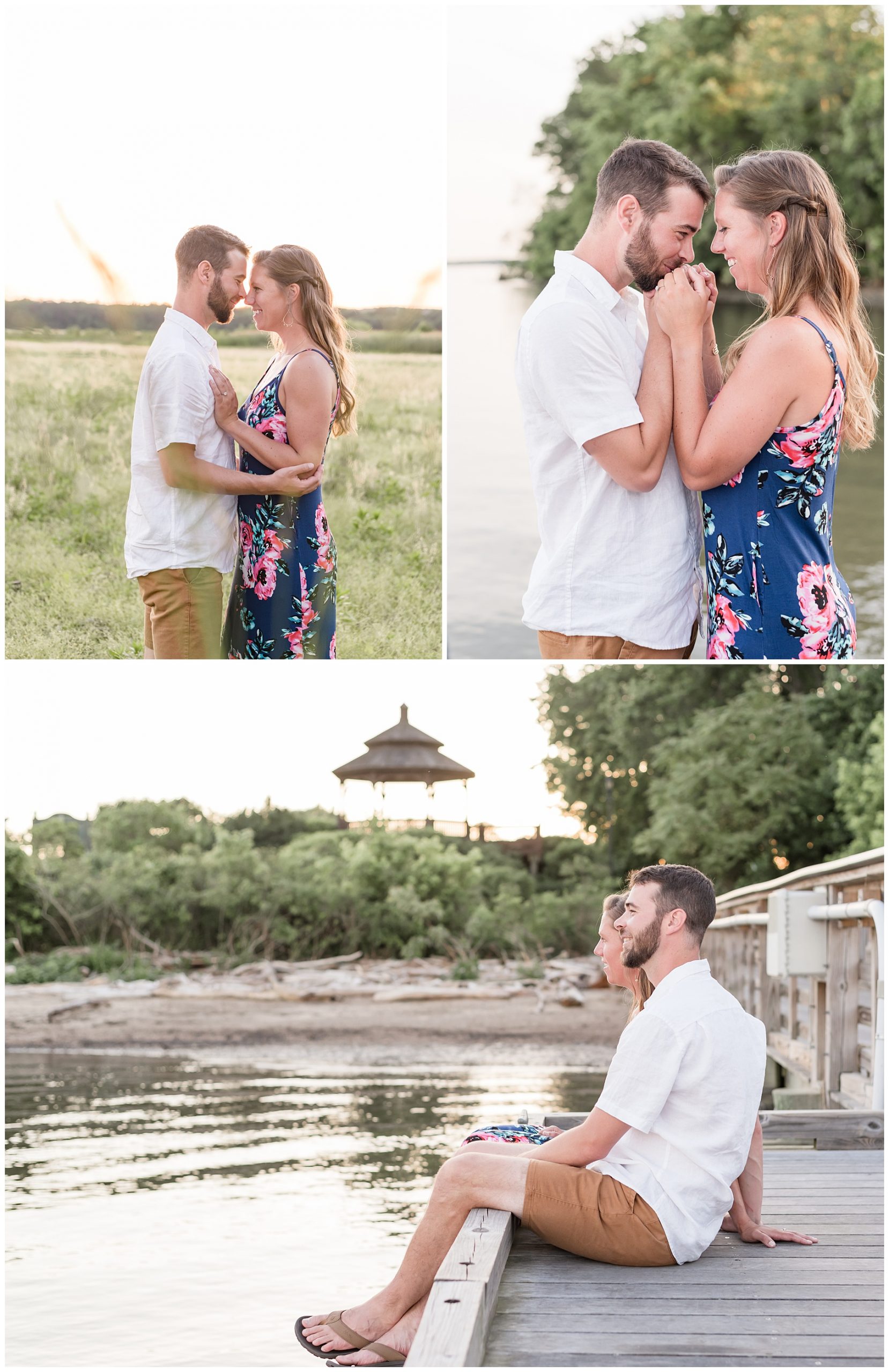 Engagement Collage Couple Kissing and Looking off Dock