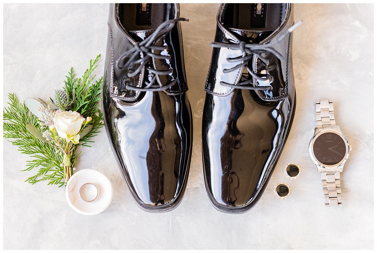 Groom's Winter Details with Shoes, Cufflinks, Ring, Bout, and Watch