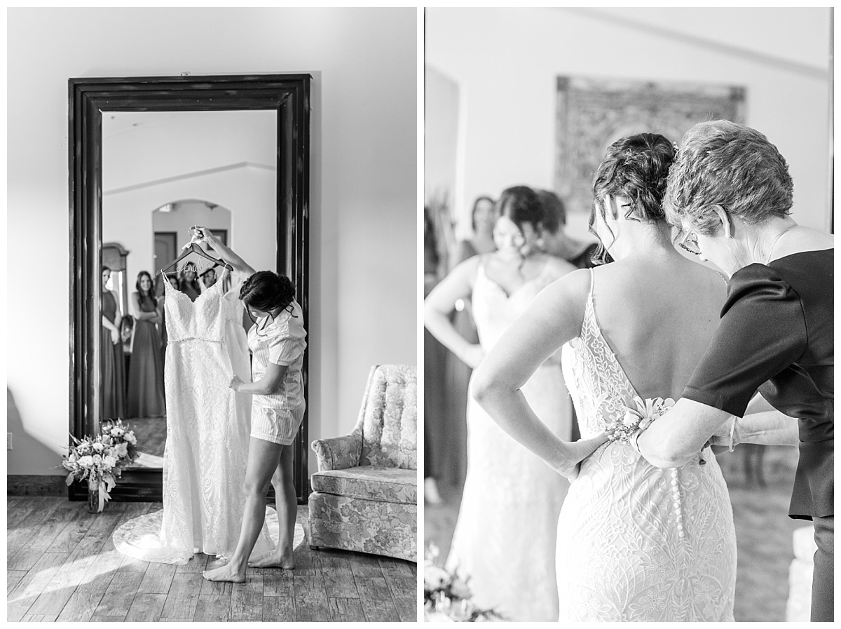Black and whites of bride getting ready in front of large mirror
