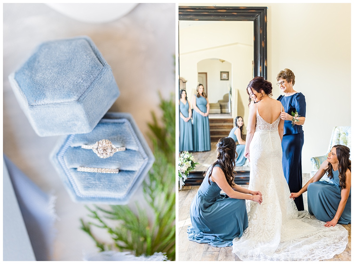 Left: Ring in blue ring box, Right: mother of bride and sisters helping bride into dress