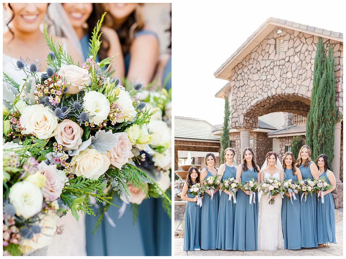 Bride and Bridesmaids with florals out front of Superstition Manor
