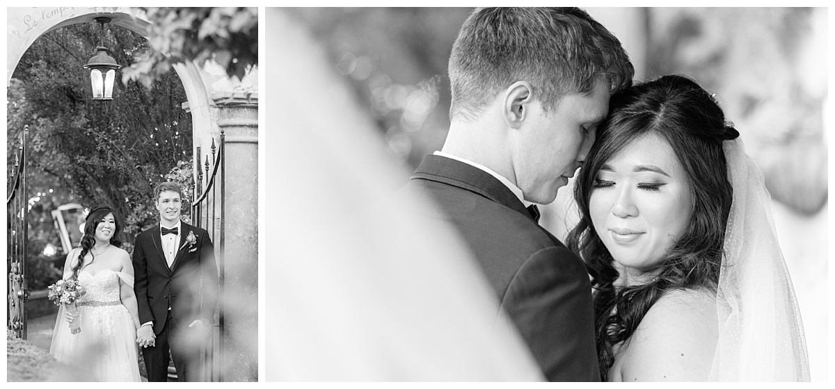black and white elegant portraits of bride and groom