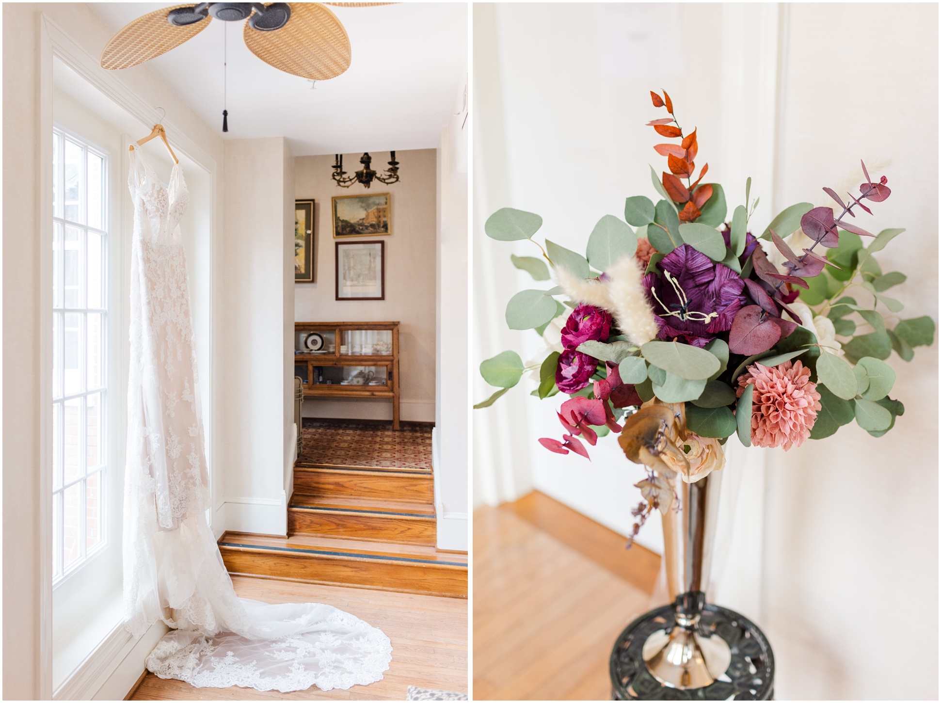 Dress and Florals for Winter Wedding at 1840s Plaza