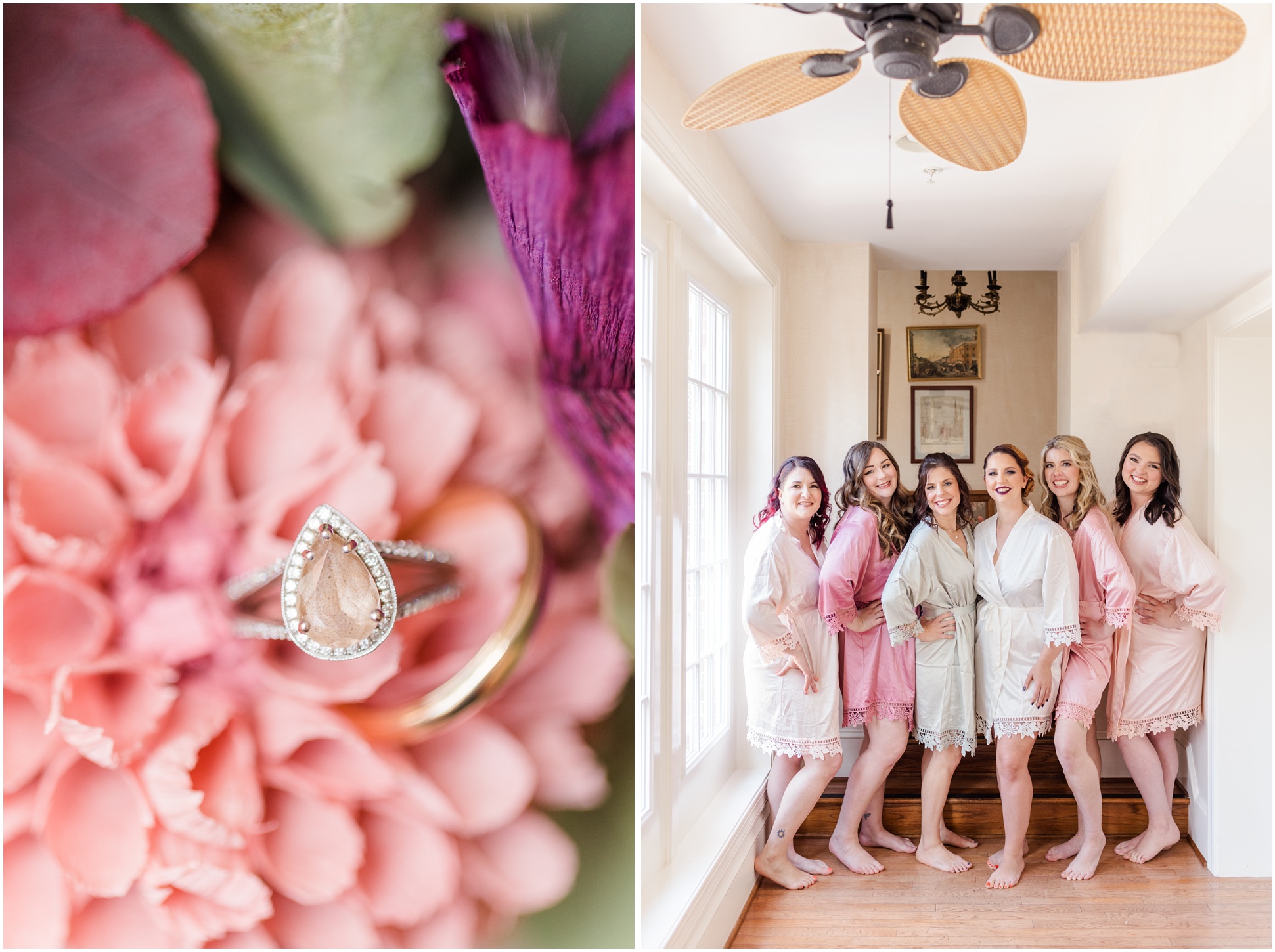 Ring Shot on Paper Florals and Bridesmaids in Robe