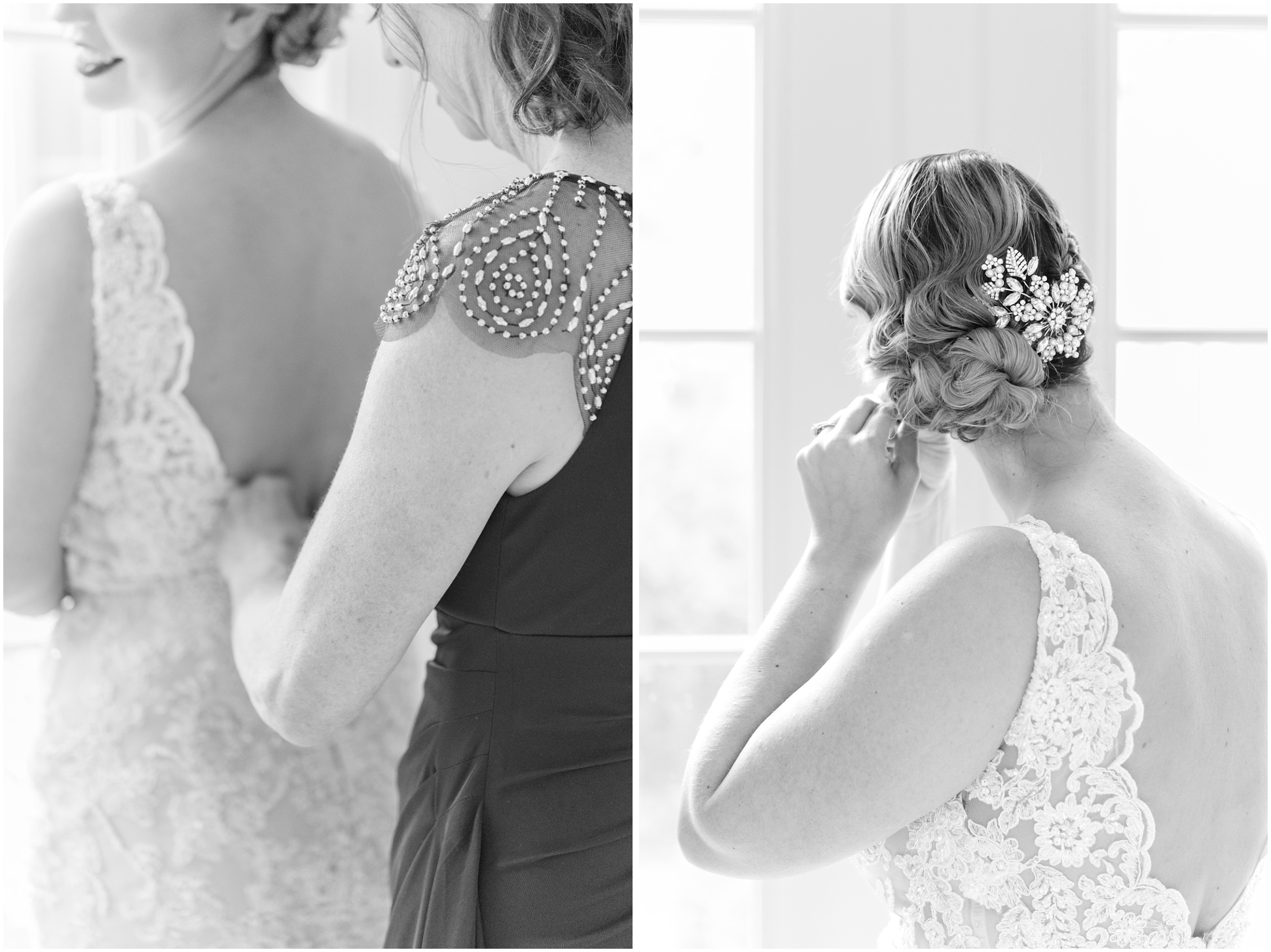 Black and White Photo of Jane Getting Ready for her wedding day