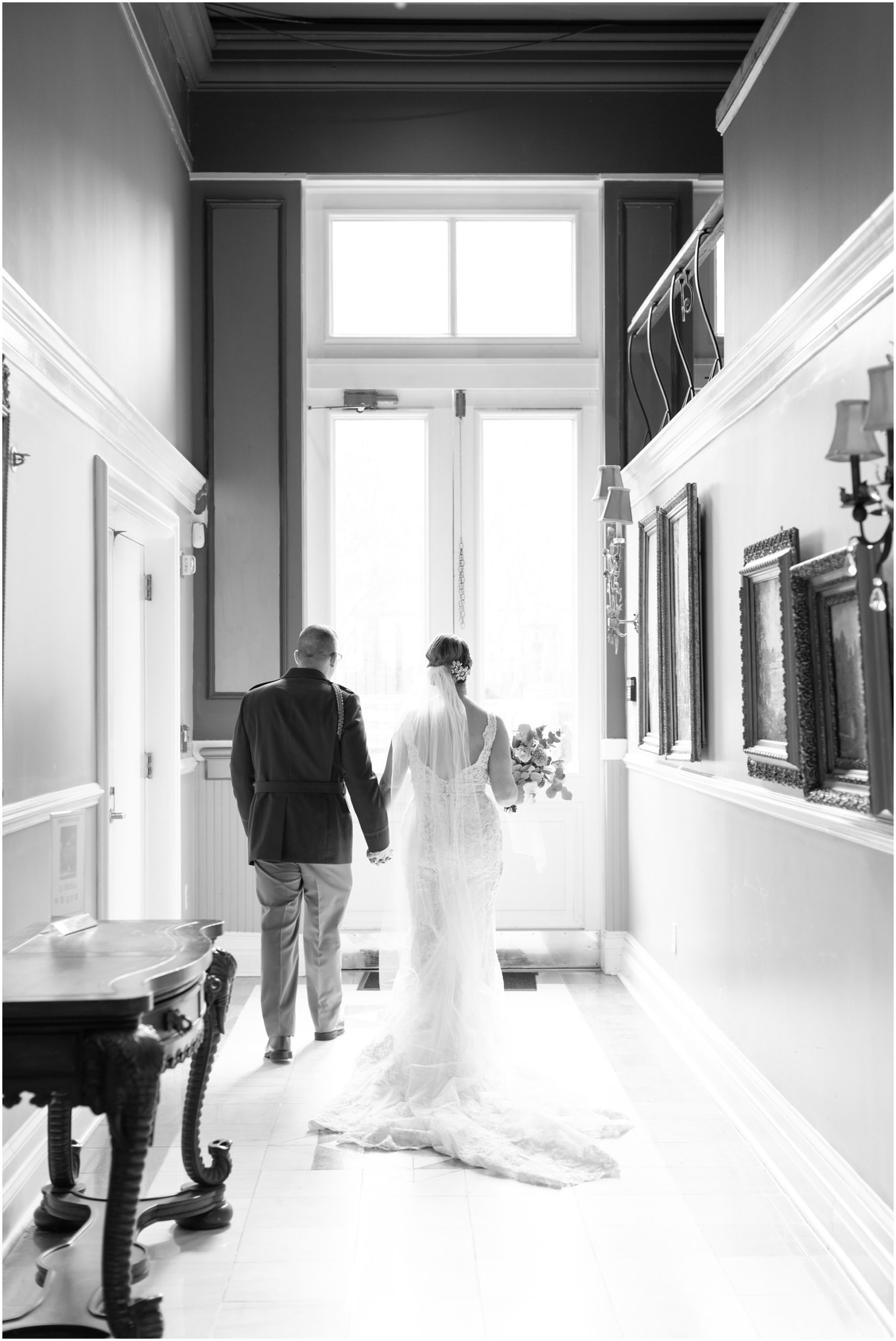 Black and White of Jane and Greg Walking Outside