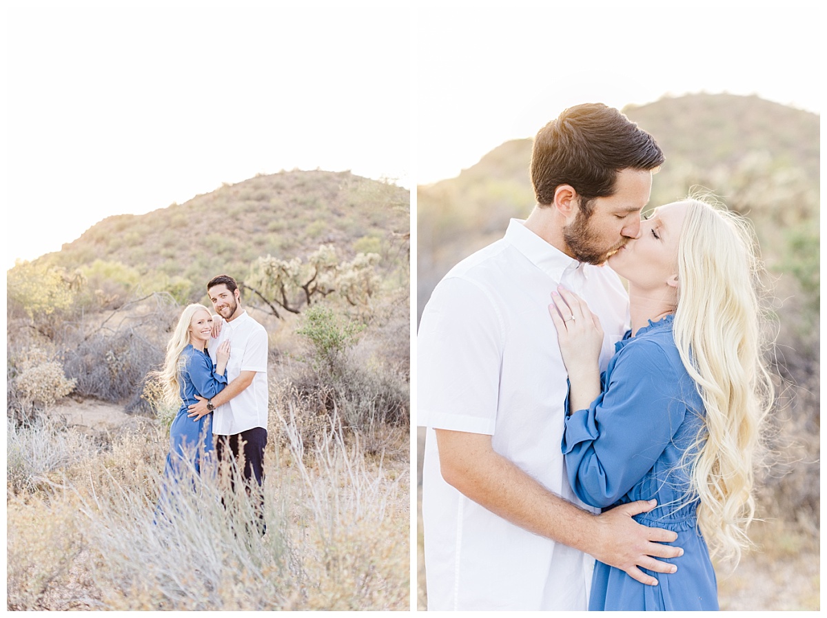 Two images of a couple in blue for desert engagement session