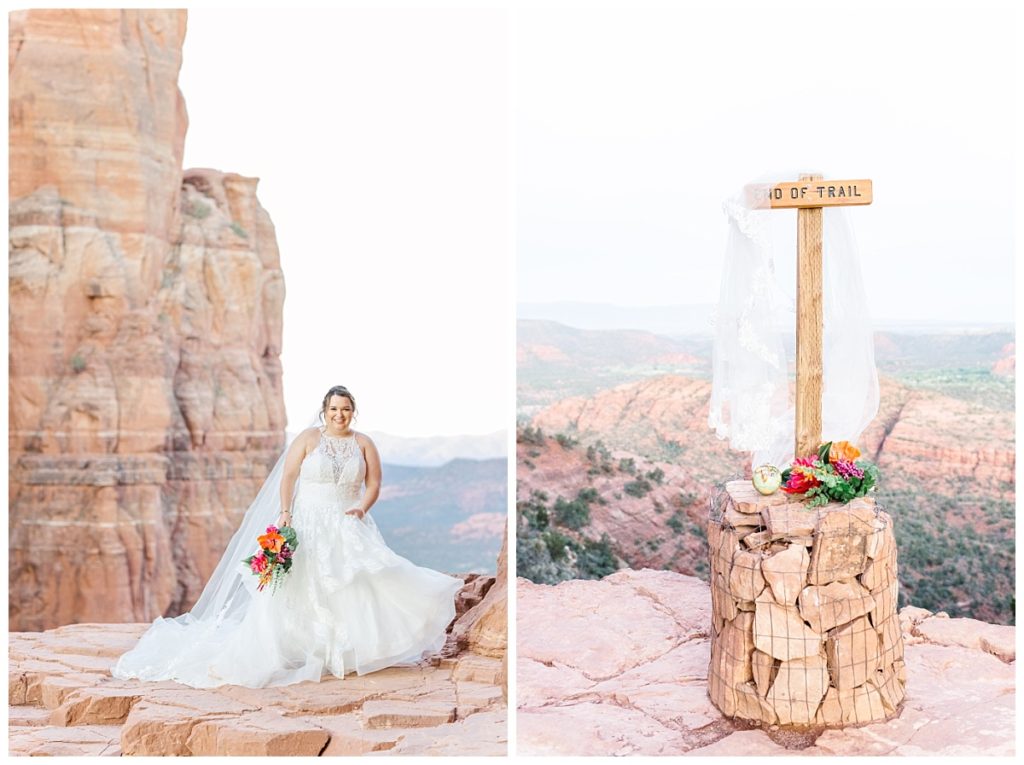 Left: Bride in wedding gown on top of Cathedral Rock with bright vibrant bouquet of flowers.
Right: Veil on end of trail sign.
