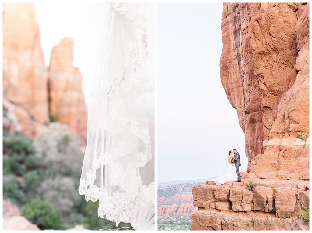 Left: Detail of bridal veil with Cathedral Rock in the background
Right: Husband and wife nose to nose standing on cathedral rock