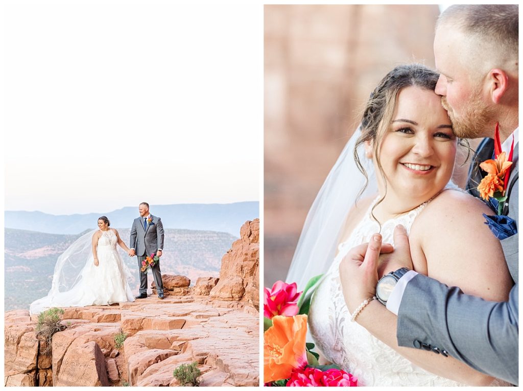 Couple with vibrant colored florals, blue/gray suite, and white wedding gown standing on top of Cathedral Rock in Sedona.