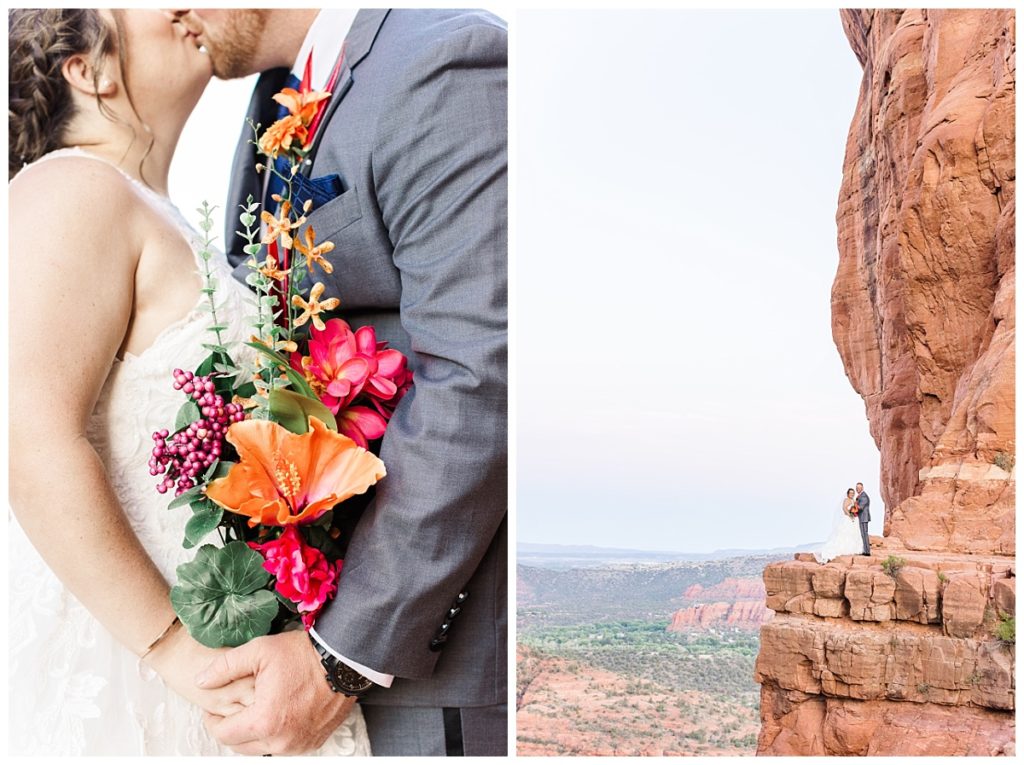 Close up and Wide shot of bride and groom kissing on top of Cathedral Rock in Sedona at sunrise