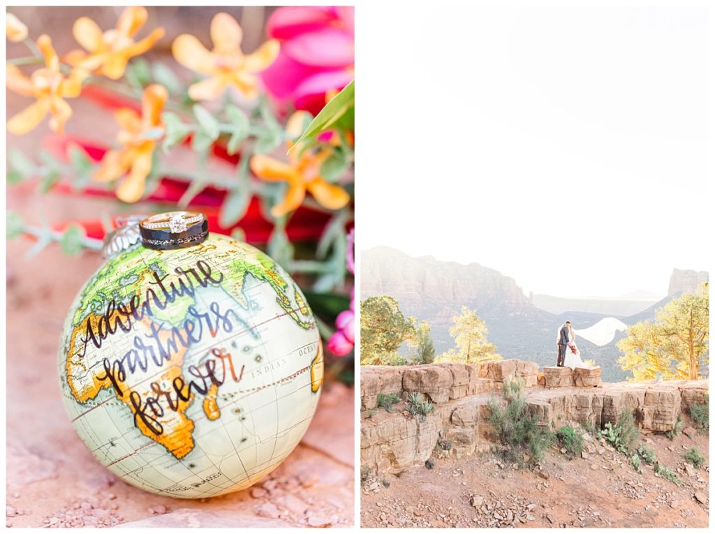 Detail shot of world globe and rings with couple kissing and veil flying on top of Cathedral Rock in Sedona, Arizona.