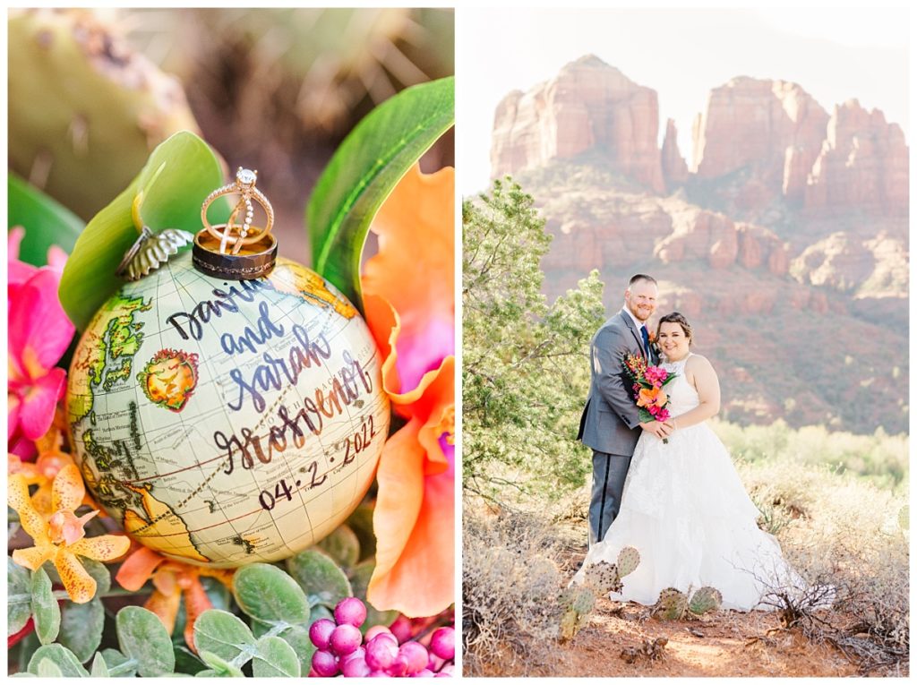 Details of wedding ring and globe with bride and groom standing in front of Cathedral Rock, on Secret Slide Rock in Sedona, Arizona