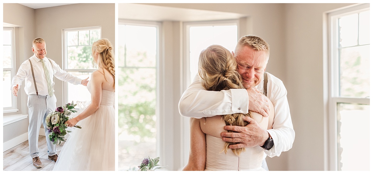Father hugs bride during first look
