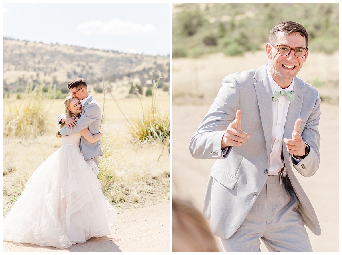 Groom gives bride stick finger guns when he sees her for the first time
