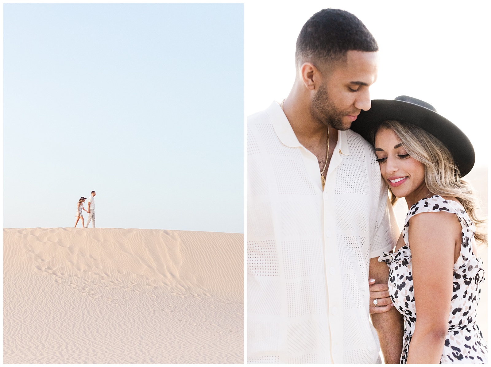 Two images of  couple in tan and black at the Glamis Sand Dunes.